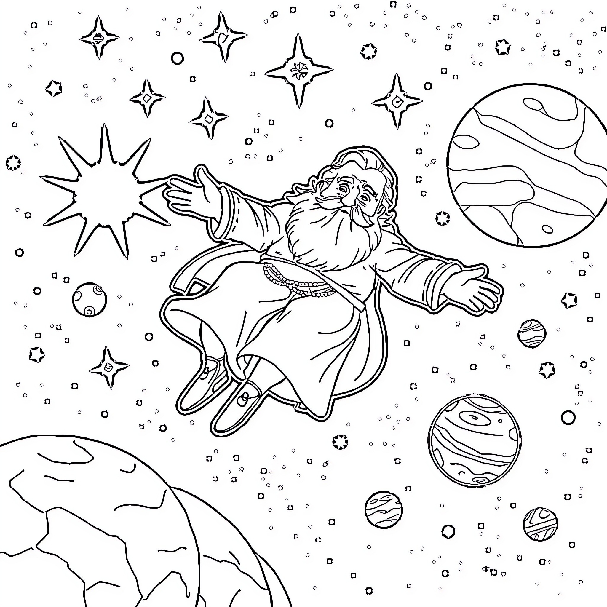 Grandfather floating among the celestial bodies Coloring Page (free black-and-white line drawing printable PDF for all, from beginners to advanced learners, including children, teens, adults, and seniors)