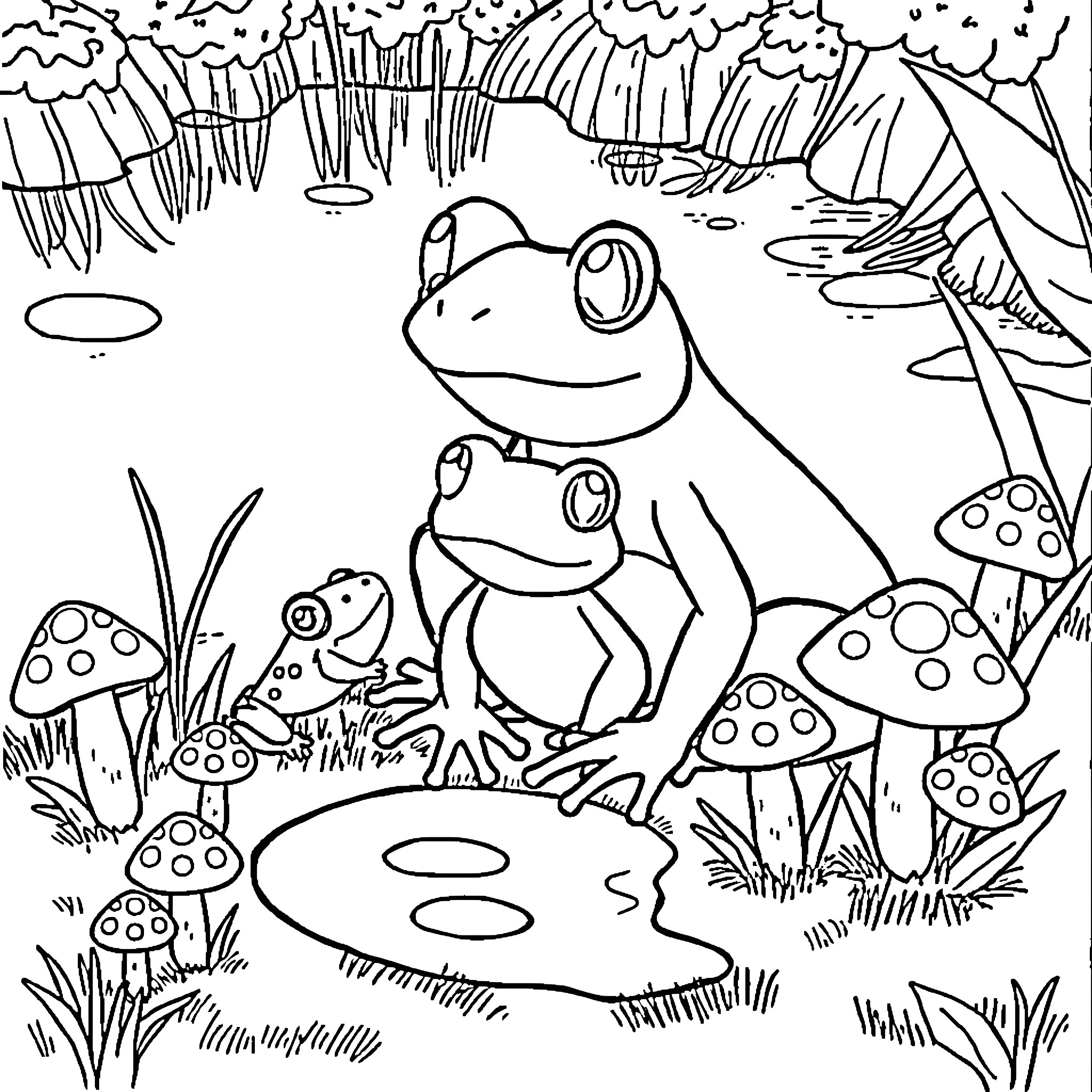 Frog family in a whimsical forest Coloring Page (free black-and-white line drawing printable PDF for all, from beginners to advanced learners, including children, teens, adults, and seniors)