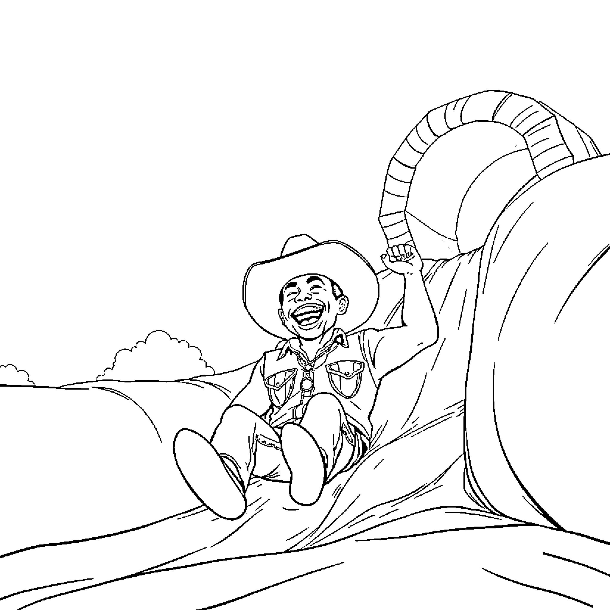 Cowboy riding down the mountain trail Coloring Page (free black-and-white line drawing printable PDF for all, from beginners to advanced learners, including children, teens, adults, and seniors)