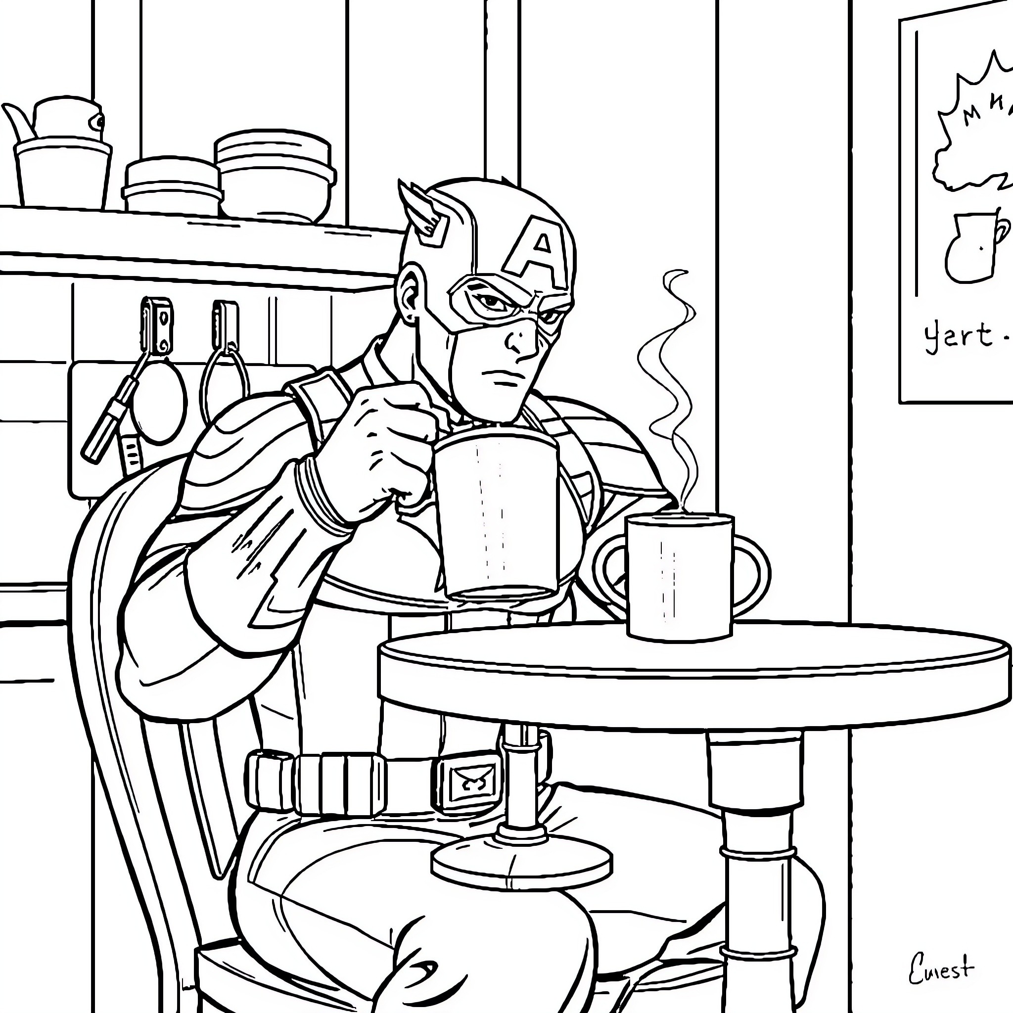 Captain America Relaxing with Coffee in Kitchen Coloring Page (free black-and-white line drawing printable PDF for all, from beginners to advanced learners, including children, teens, adults, and seniors)