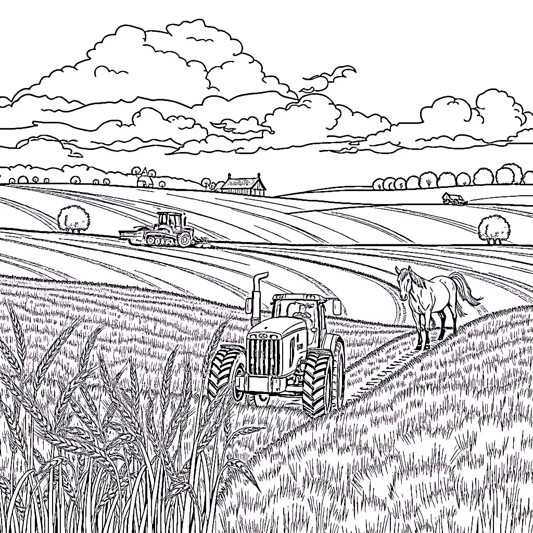 Tractor Plowing Through Expansive Farmland Landscape Coloring Page (free black-and-white line drawing printable PDF for all, from beginners to advanced learners, including children, teens, adults, and seniors)