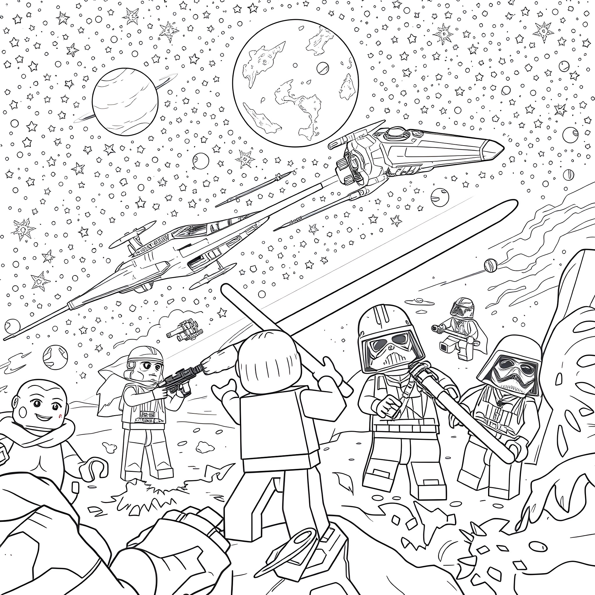 Lego characters in an outer space adventure Coloring Page (free black-and-white line drawing printable PDF for all, from beginners to advanced learners, including children, teens, adults, and seniors)