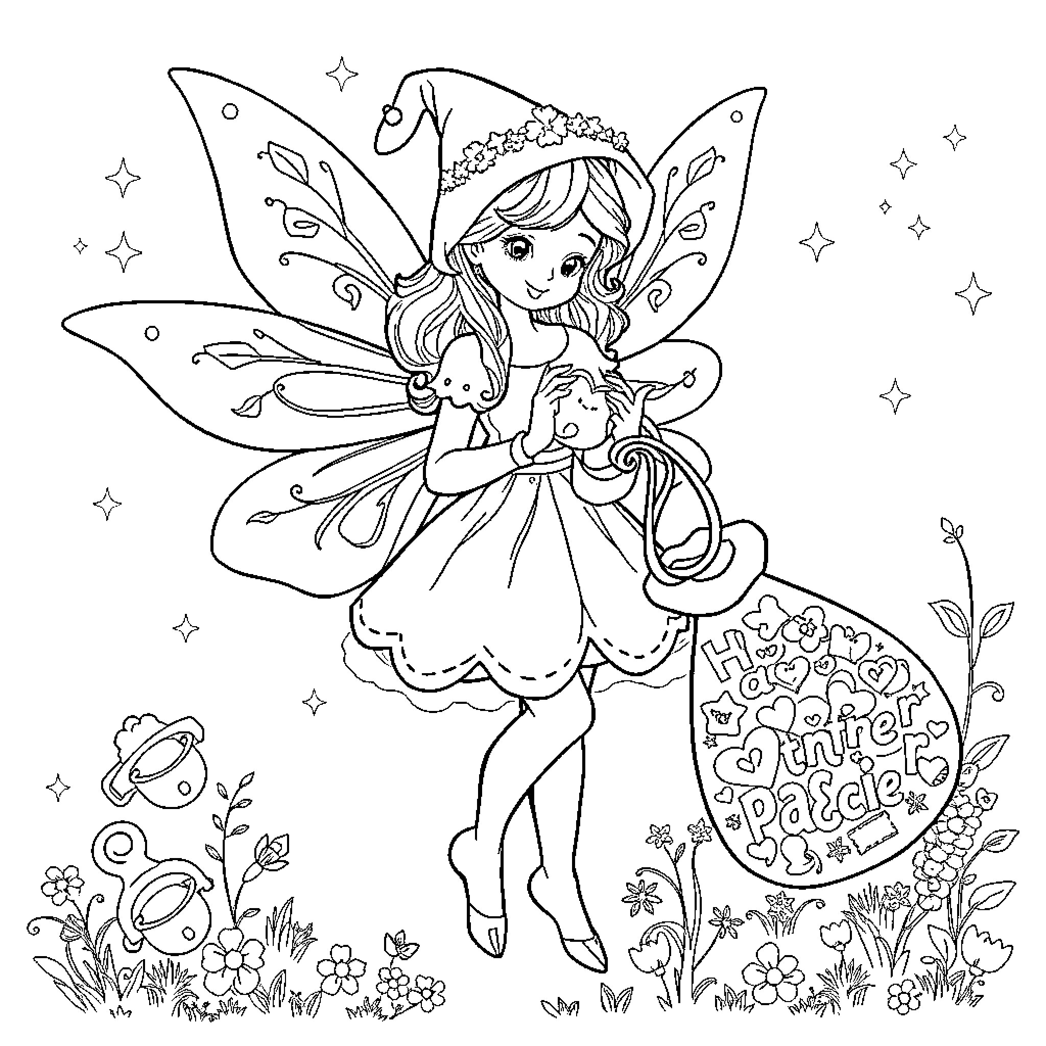 Fairy Godmother decorates magical girl with a crown Coloring Page (free black-and-white line drawing printable PDF for all, from beginners to advanced learners, including children, teens, adults, and seniors)