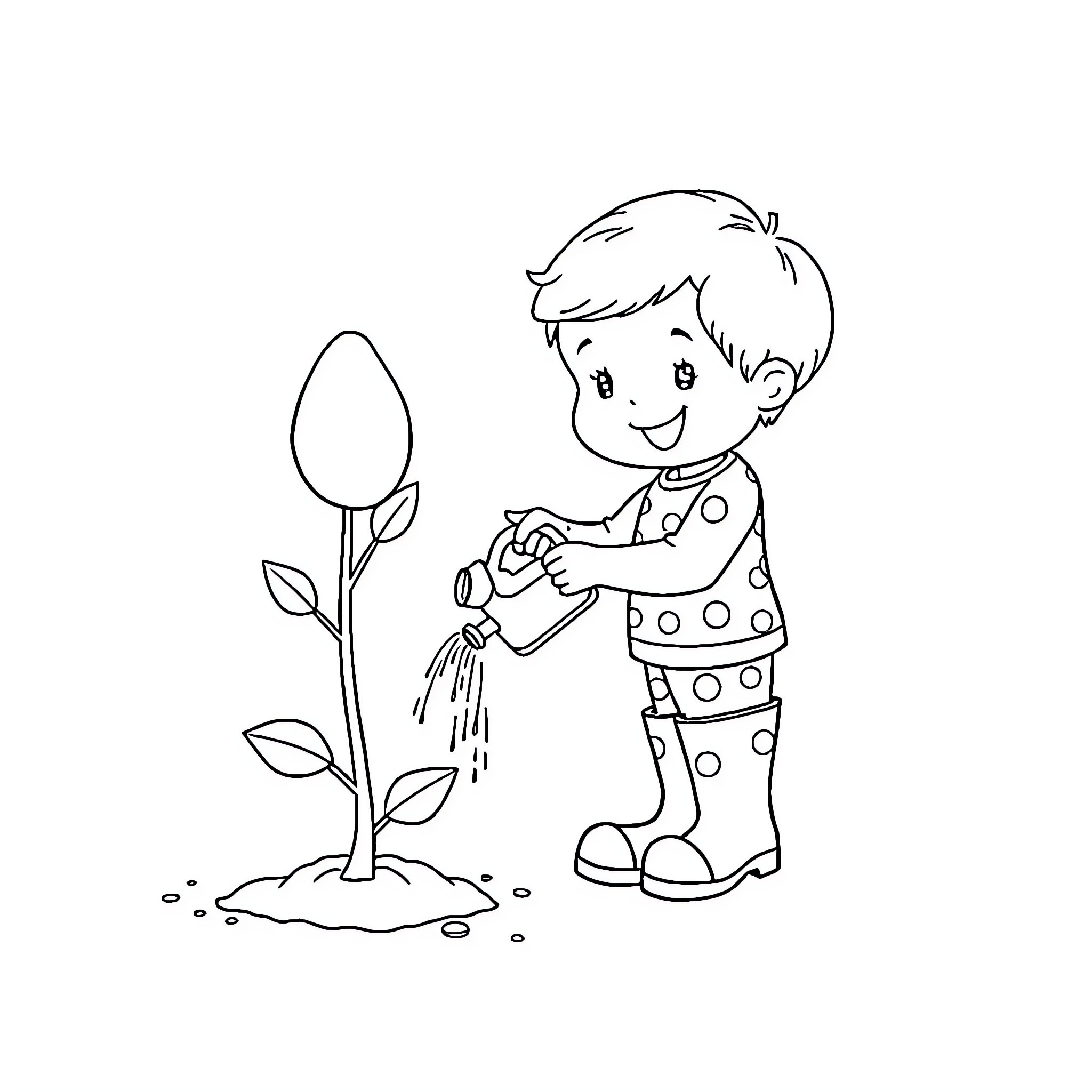 Child watering plant with enthusiasm Coloring Page (free black-and-white line drawing printable PDF for all, from beginners to advanced learners, including children, teens, adults, and seniors)