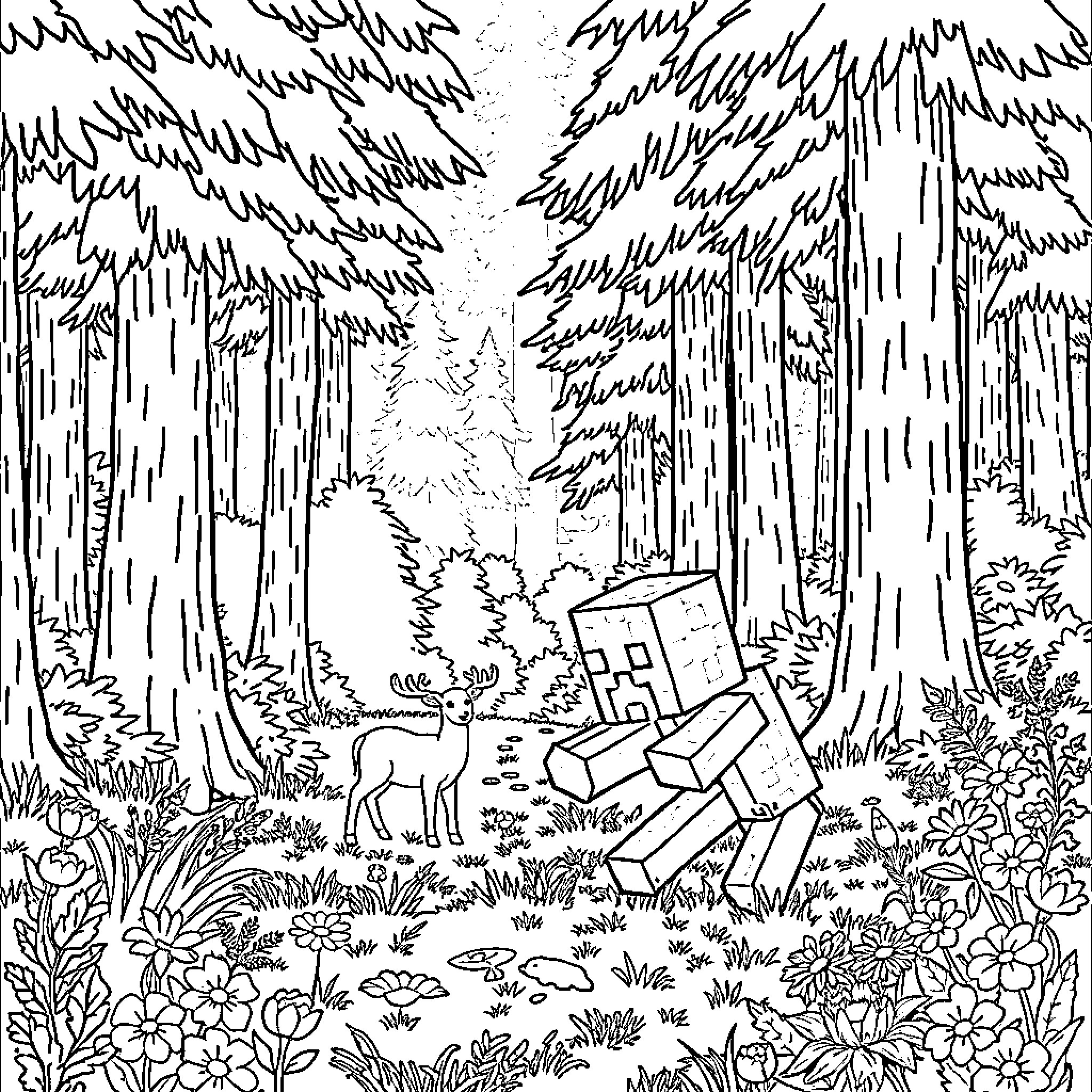 Creeper encounters in the enchanted forest Coloring Page (free black-and-white line drawing printable PDF for all, from beginners to advanced learners, including children, teens, adults, and seniors)