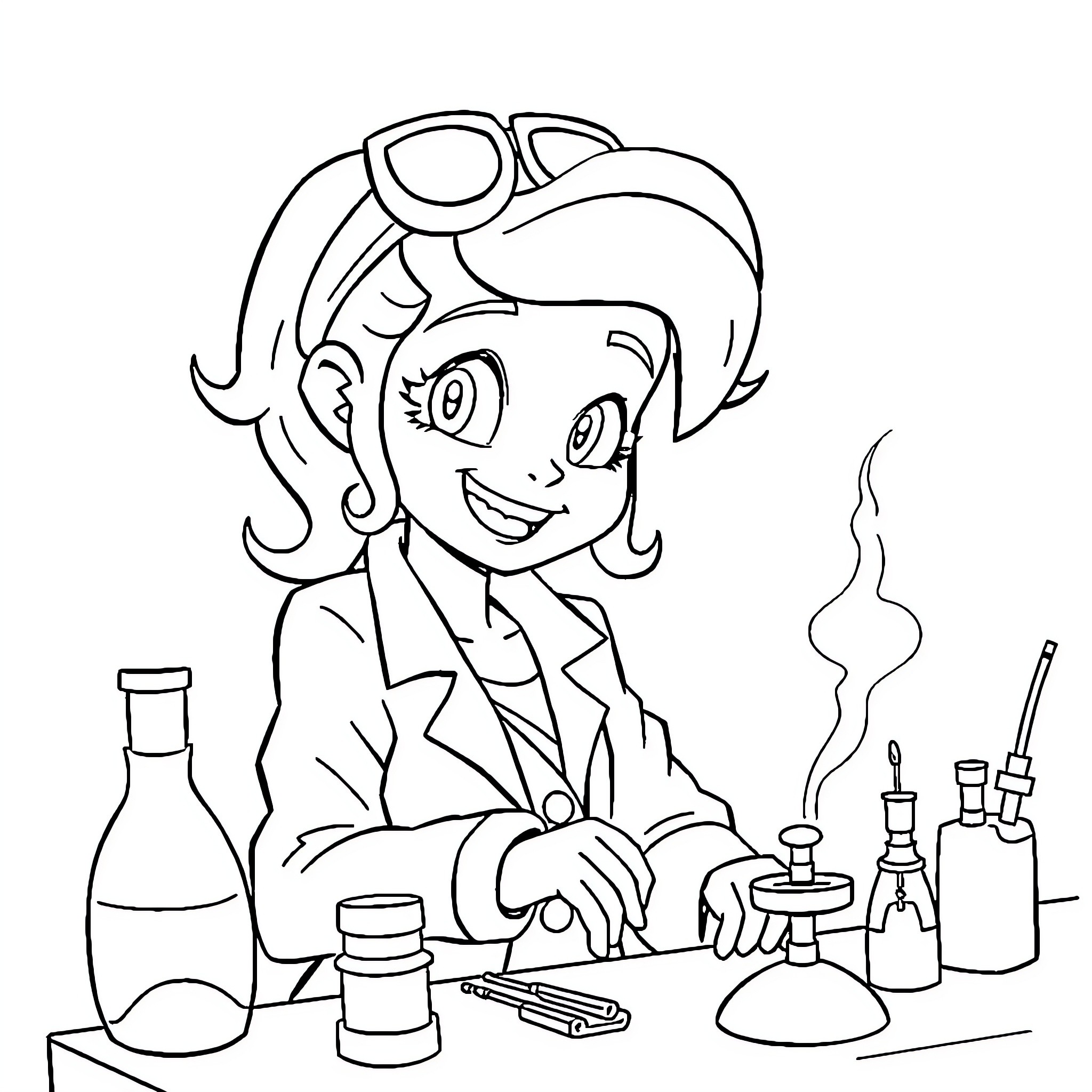 Bulma working on an experiment in her lab Coloring Page (free black-and-white line drawing printable PDF for all, from beginners to advanced learners, including children, teens, adults, and seniors)