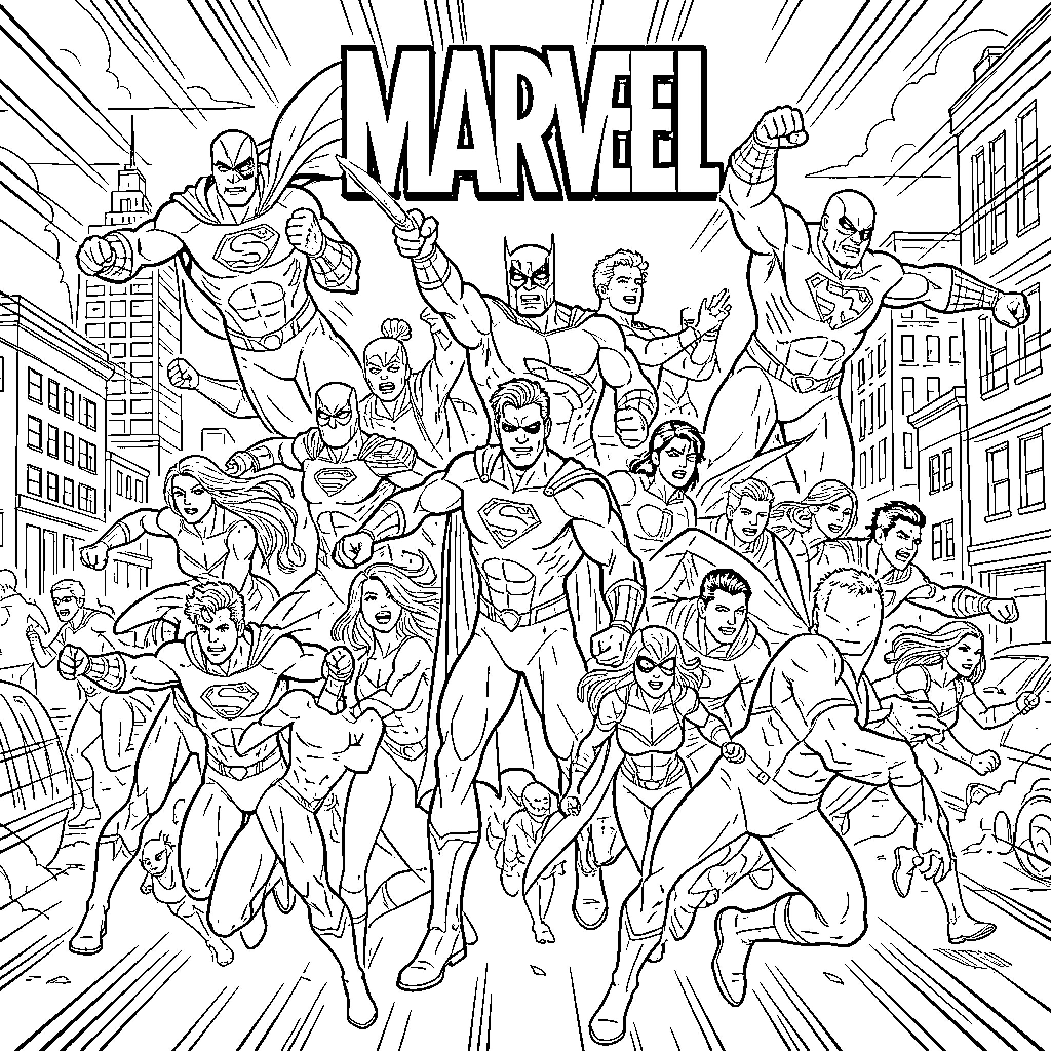 Marvel Superheroes Assembled in Action-Packed Cityscape Coloring Page (free black-and-white line drawing printable PDF for all, from beginners to advanced learners, including children, teens, adults, and seniors)
