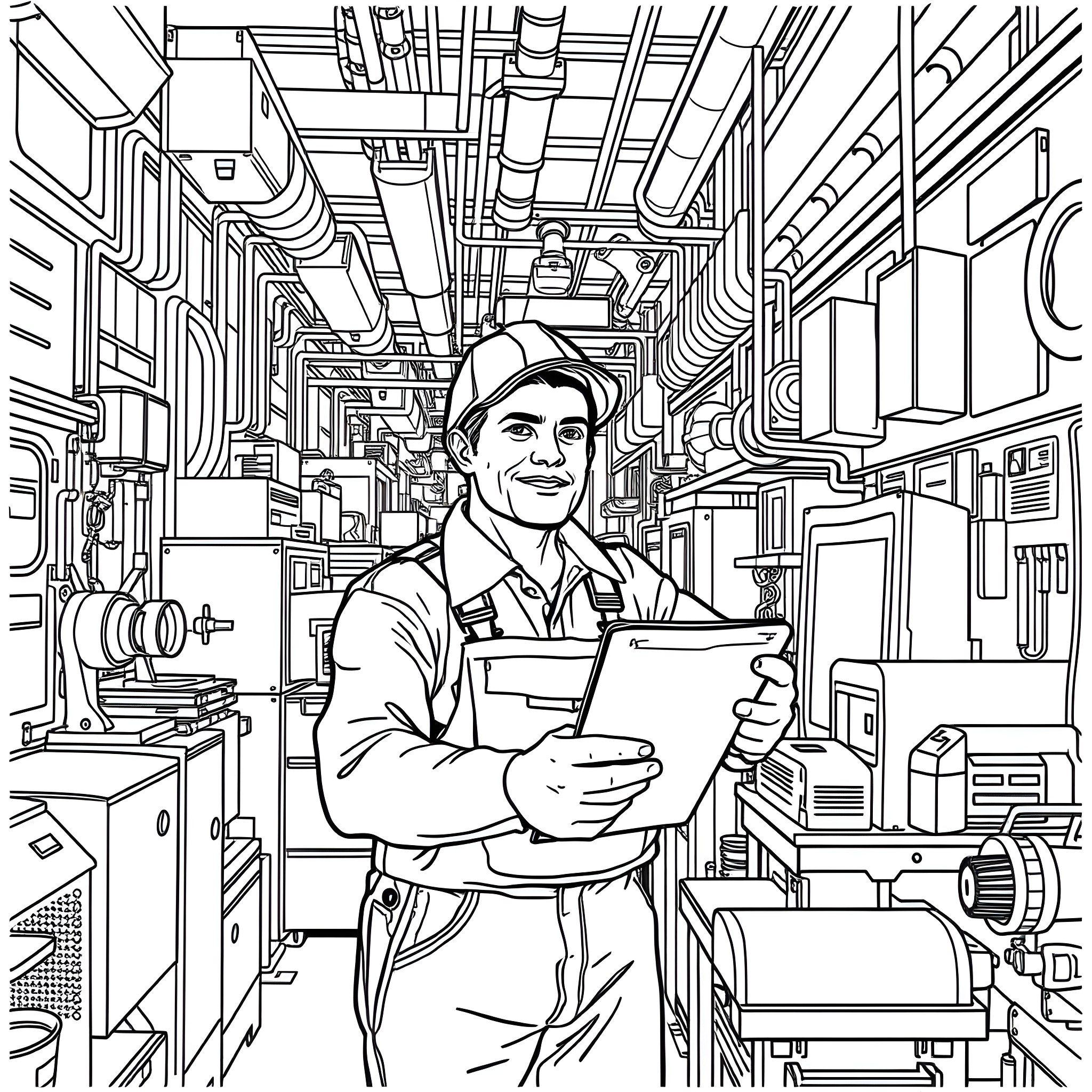Mechanic Inspecting Equipment in Industrial Workplace Coloring Page (free black-and-white line drawing printable PDF for all, from beginners to advanced learners, including children, teens, adults, and seniors)
