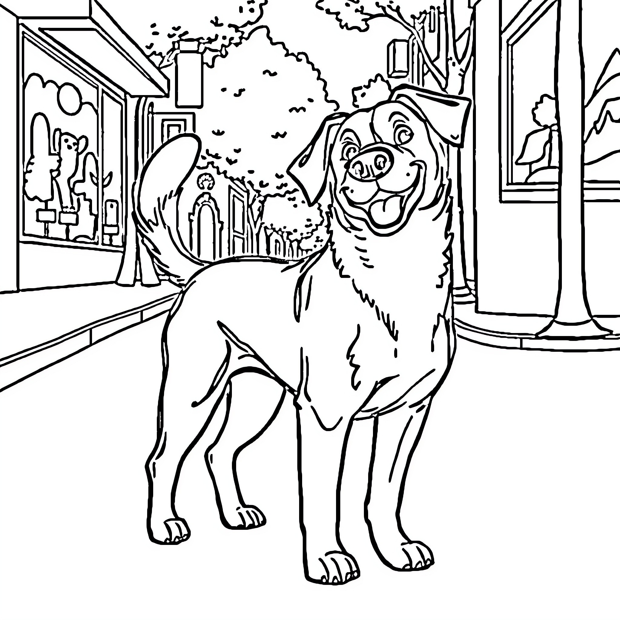 Dog enjoying the city scenery Coloring Page (free black-and-white line drawing printable PDF for all, from beginners to advanced learners, including children, teens, adults, and seniors)