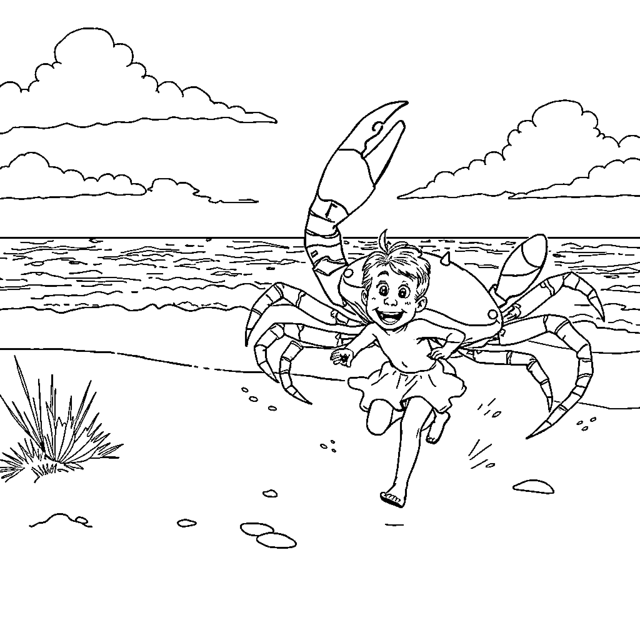Fille playing joyfully with crab on beach Coloring Page (free black-and-white line drawing printable PDF for all, from beginners to advanced learners, including children, teens, adults, and seniors)