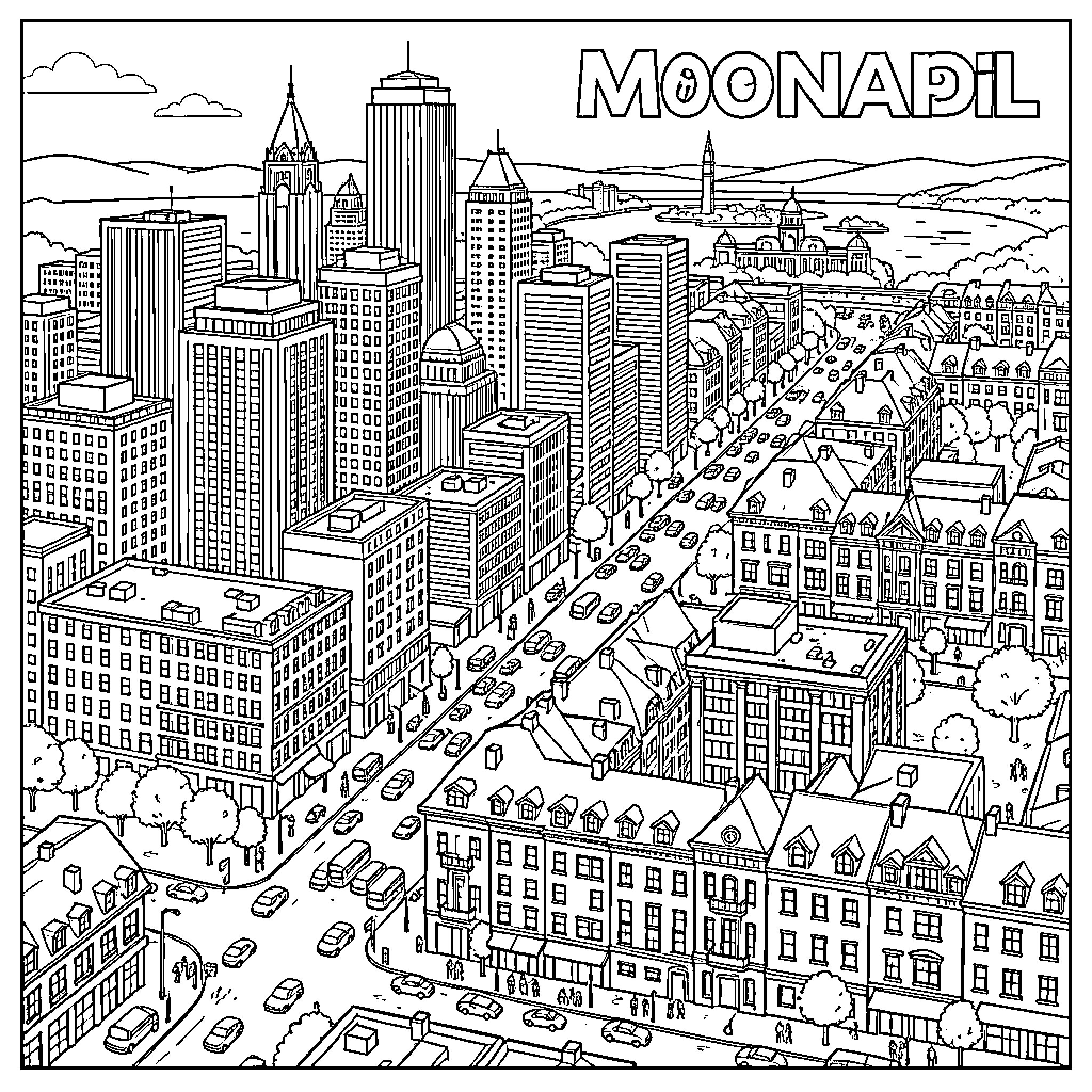 Montreal cityscape featuring tall buildings and busy streets Coloring Page (free black-and-white line drawing printable PDF for all, from beginners to advanced learners, including children, teens, adults, and seniors)
