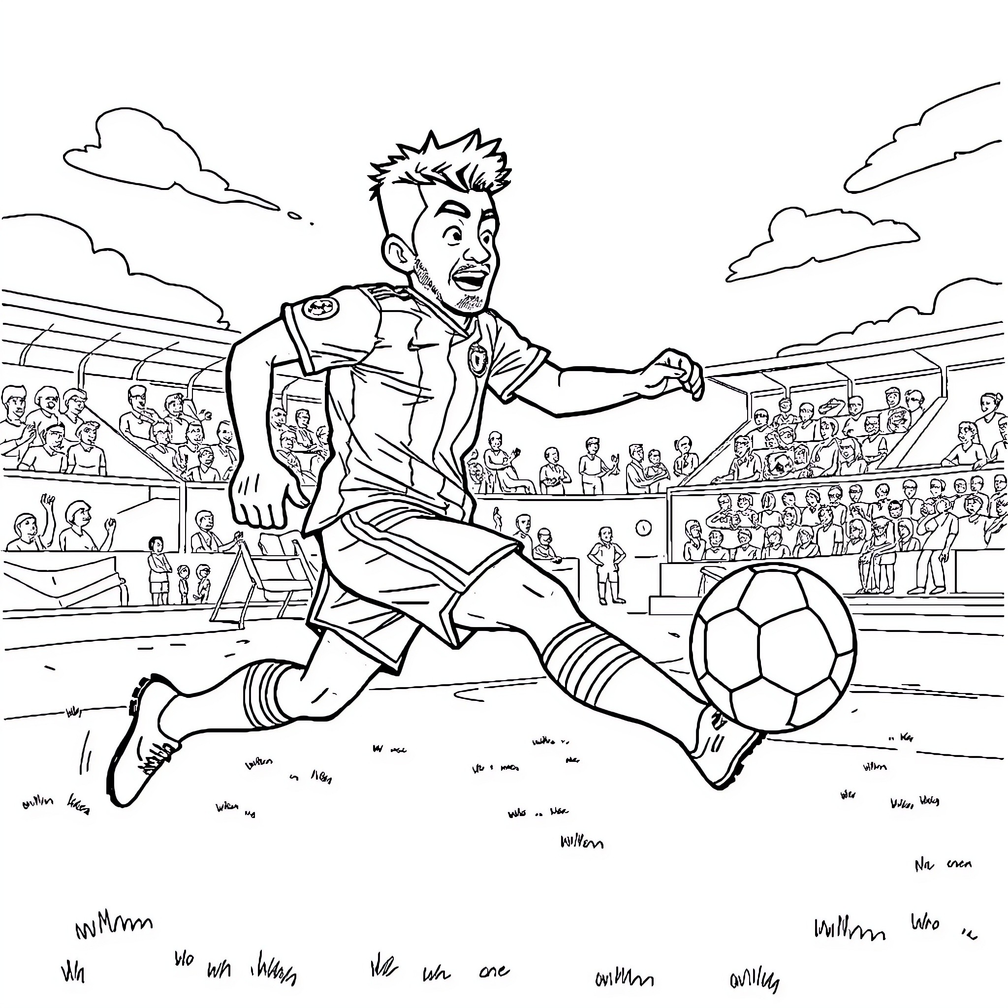 Lamine Yamal kicking the soccer ball with determination on the field Coloring Page (free black-and-white line drawing printable PDF for all, from beginners to advanced learners, including children, teens, adults, and seniors)