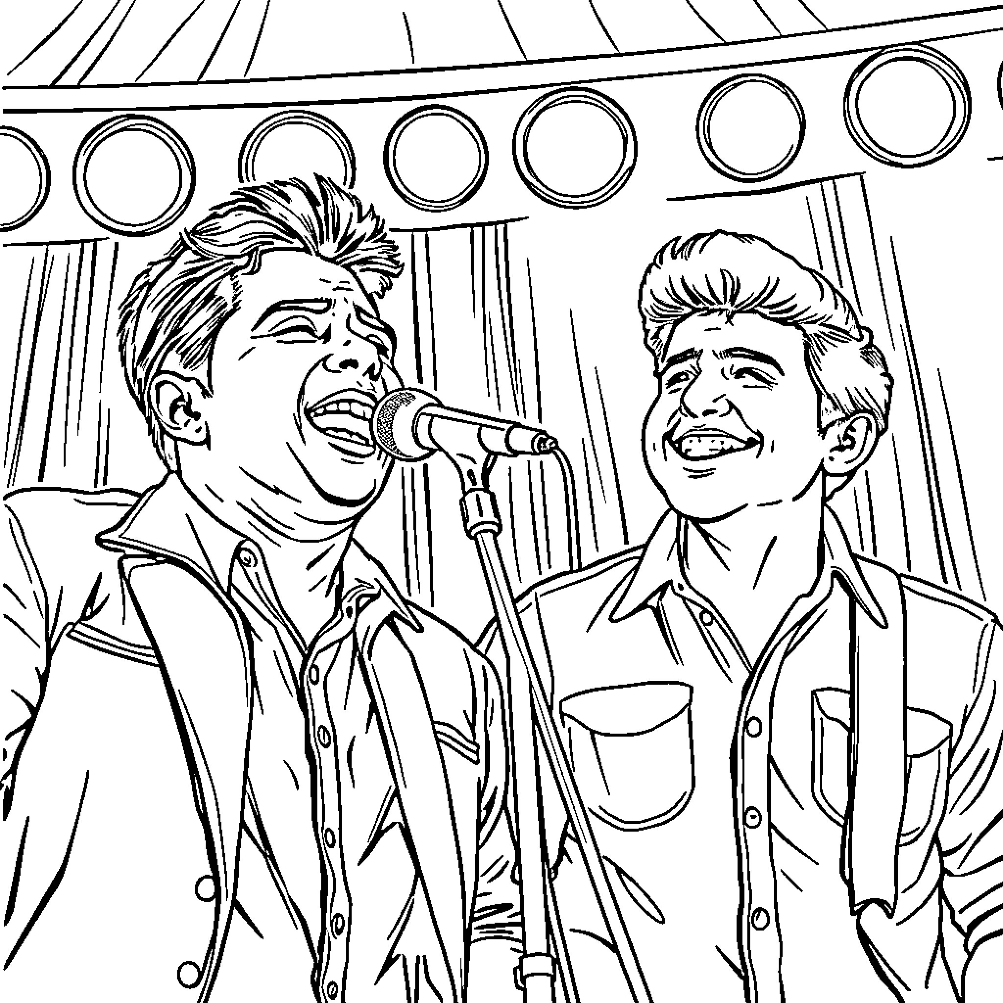 Chalino Sánchez performing on stage with a bandmate Coloring Page (free black-and-white line drawing printable PDF for all, from beginners to advanced learners, including children, teens, adults, and seniors)