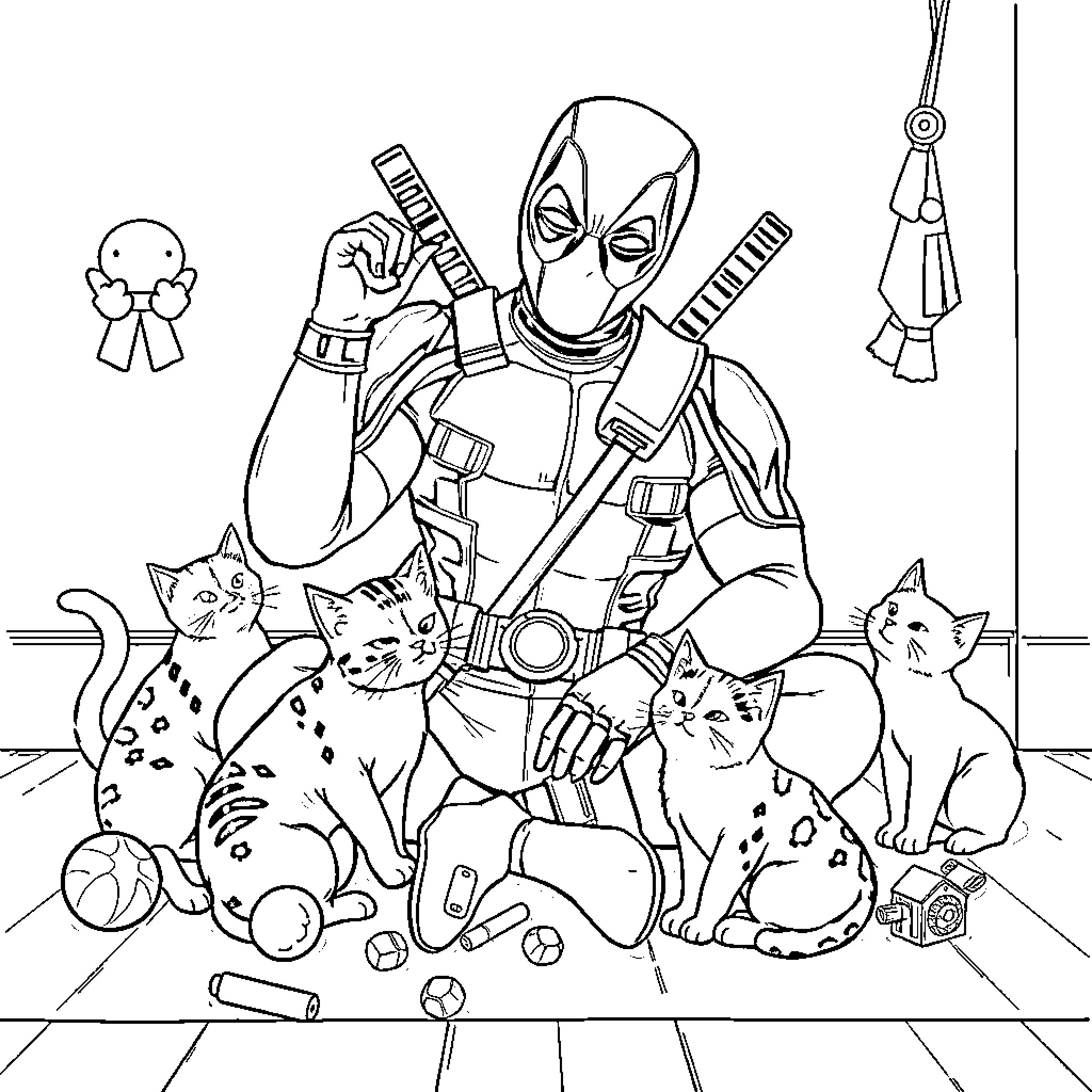 Deadpool surrounded by playful cats in a humorous scene Coloring Page (free black-and-white line drawing printable PDF for all, from beginners to advanced learners, including children, teens, adults, and seniors)