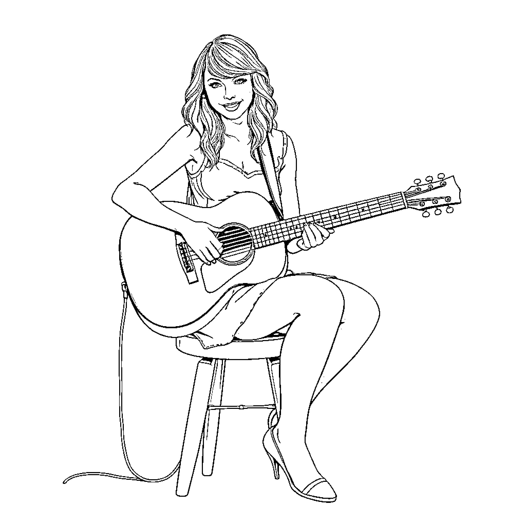 Taylor Swift playing guitar in casual attire Coloring Page (free black-and-white line drawing printable PDF for all, from beginners to advanced learners, including children, teens, adults, and seniors)