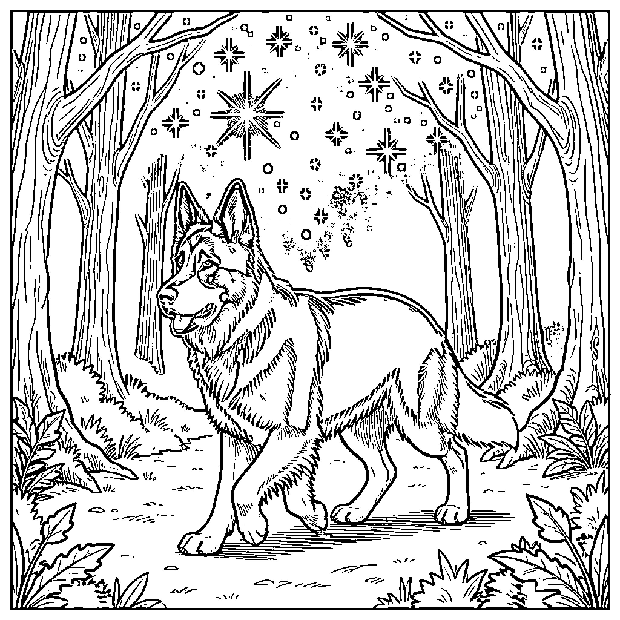 Berger Allemand in a Magical Winter Forest Coloring Page (free black-and-white line drawing printable PDF for all, from beginners to advanced learners, including children, teens, adults, and seniors)
