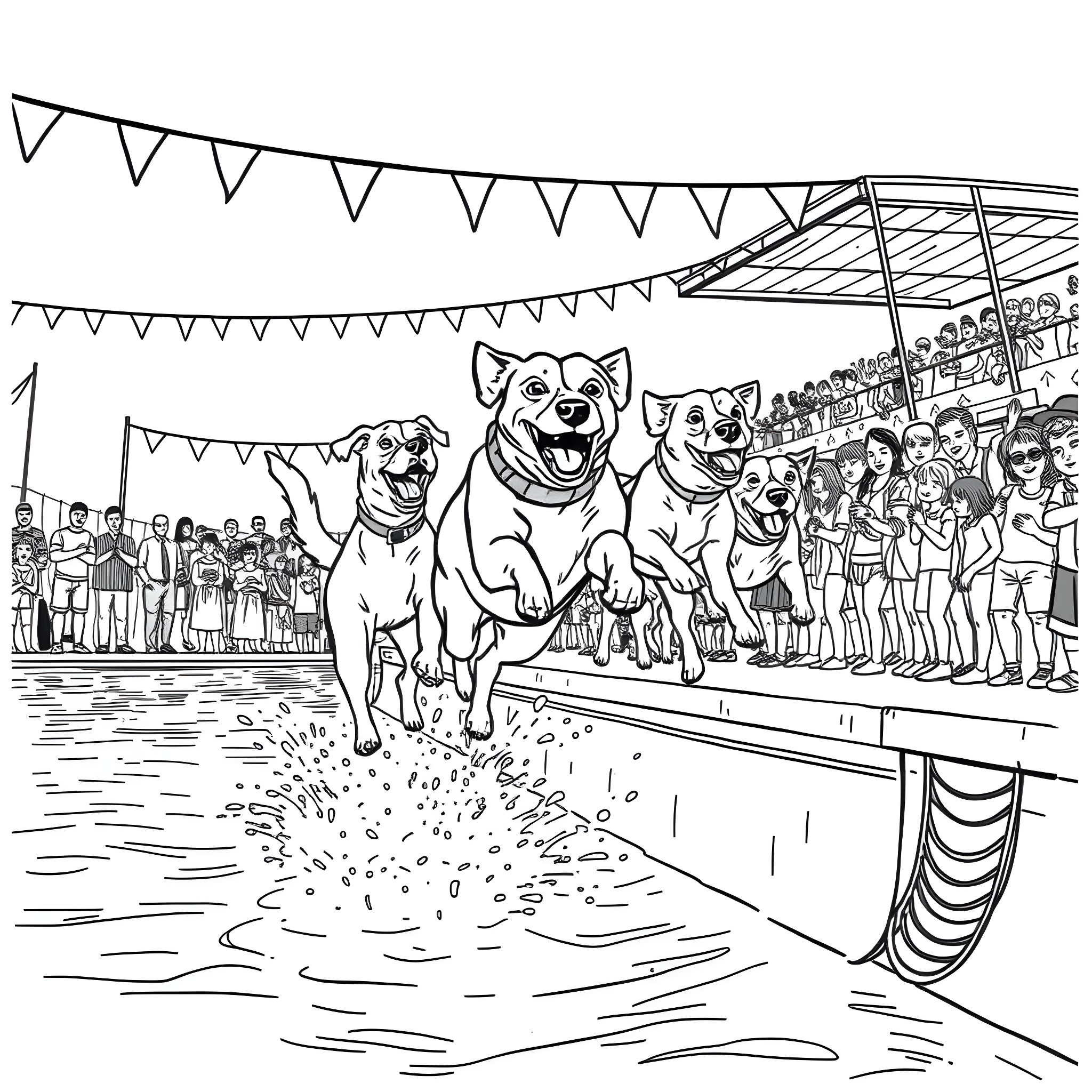 Flash Dog Show with Cheerful Canines Coloring Page (free black-and-white line drawing printable PDF for all, from beginners to advanced learners, including children, teens, adults, and seniors)
