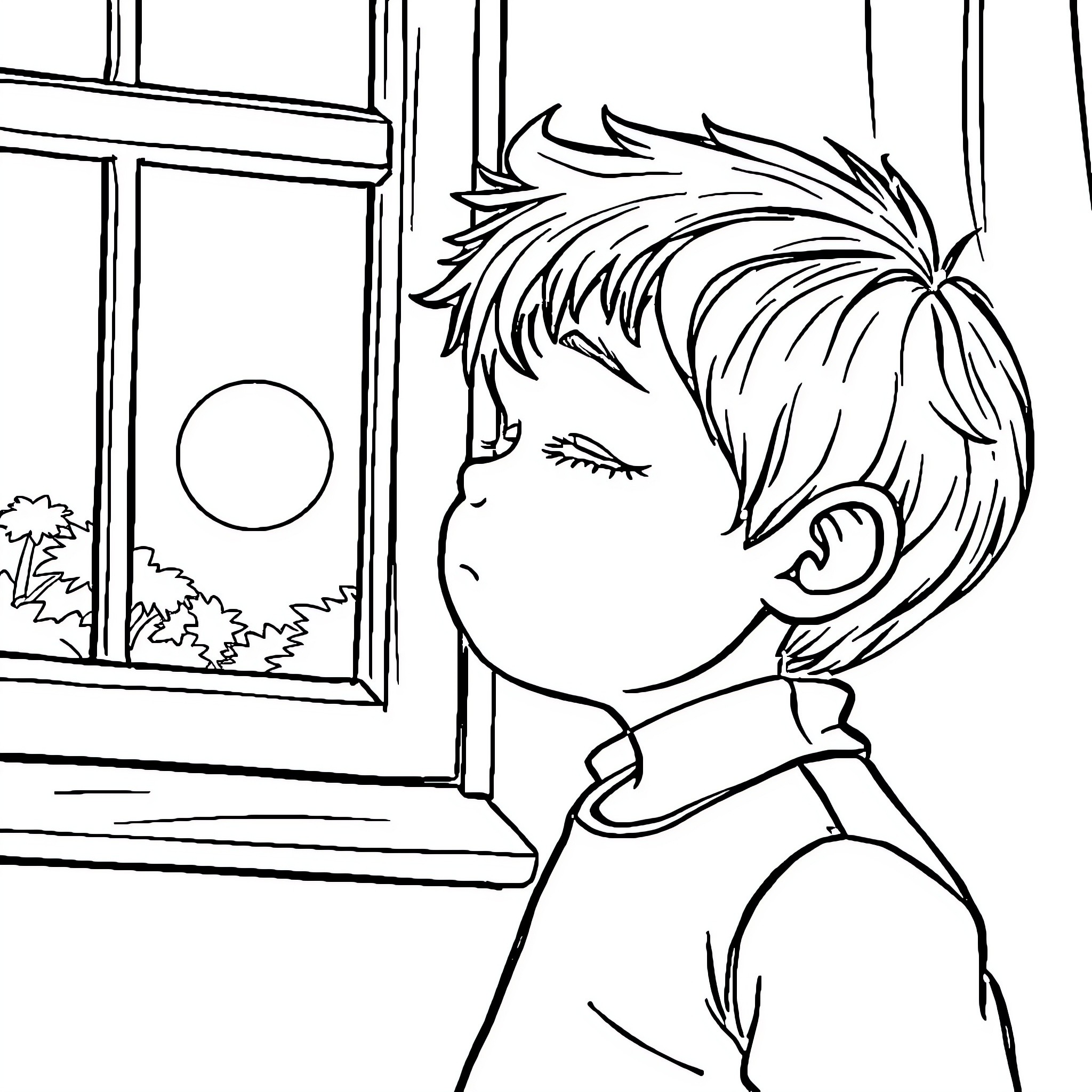 Child gazing out the window at the moon Coloring Page (free black-and-white line drawing printable PDF for all, from beginners to advanced learners, including children, teens, adults, and seniors)