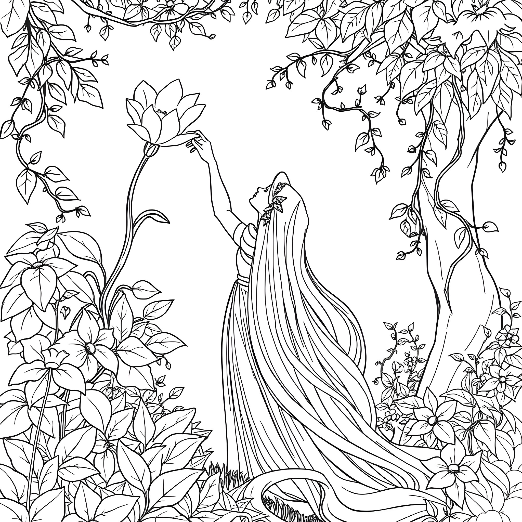 Rapunzel surrounded by enchanting flora in a verdant setting Coloring Page (free black-and-white line drawing printable PDF for all, from beginners to advanced learners, including children, teens, adults, and seniors)