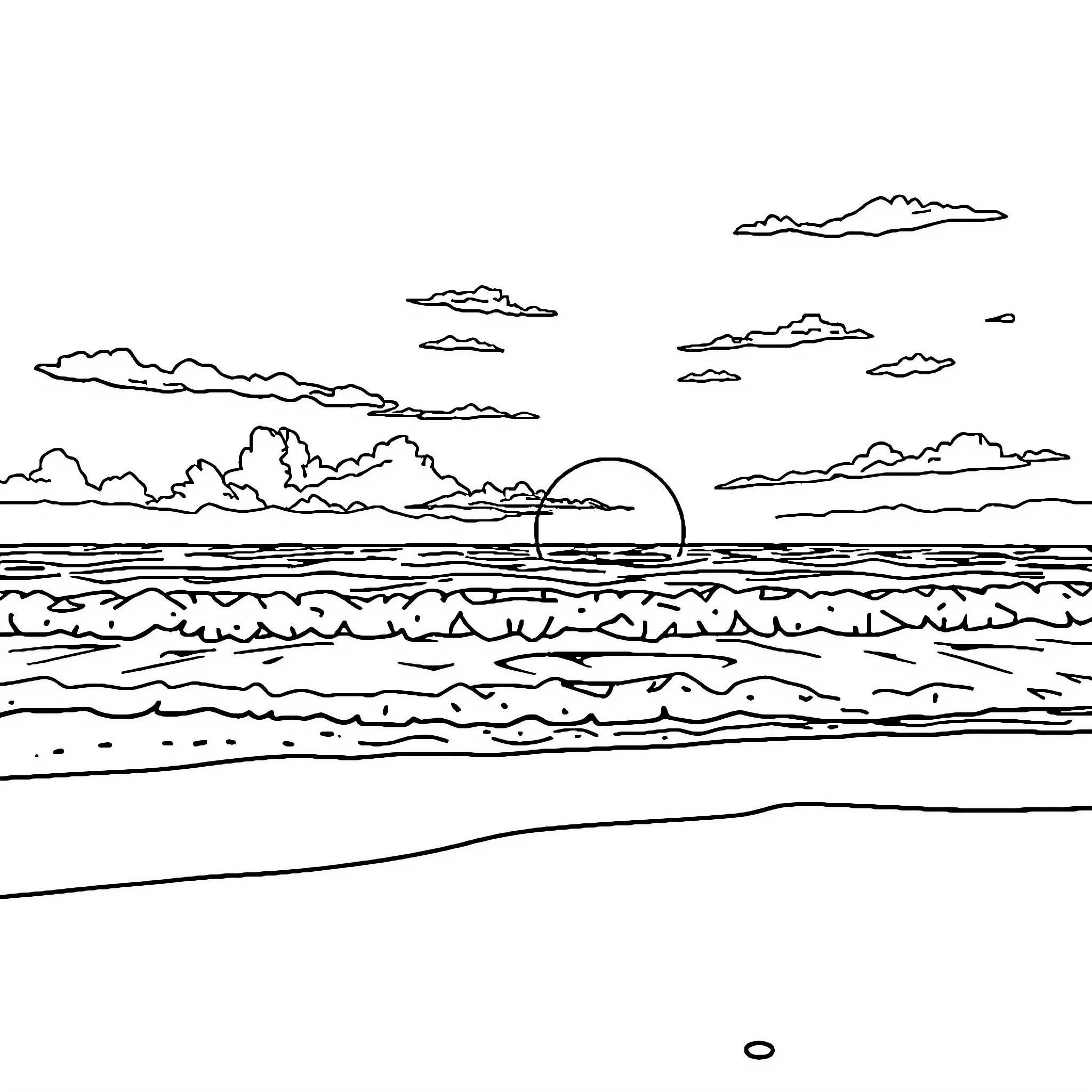 Sunset over the tranquil ocean Coloring Page (free black-and-white line drawing printable PDF for all, from beginners to advanced learners, including children, teens, adults, and seniors)