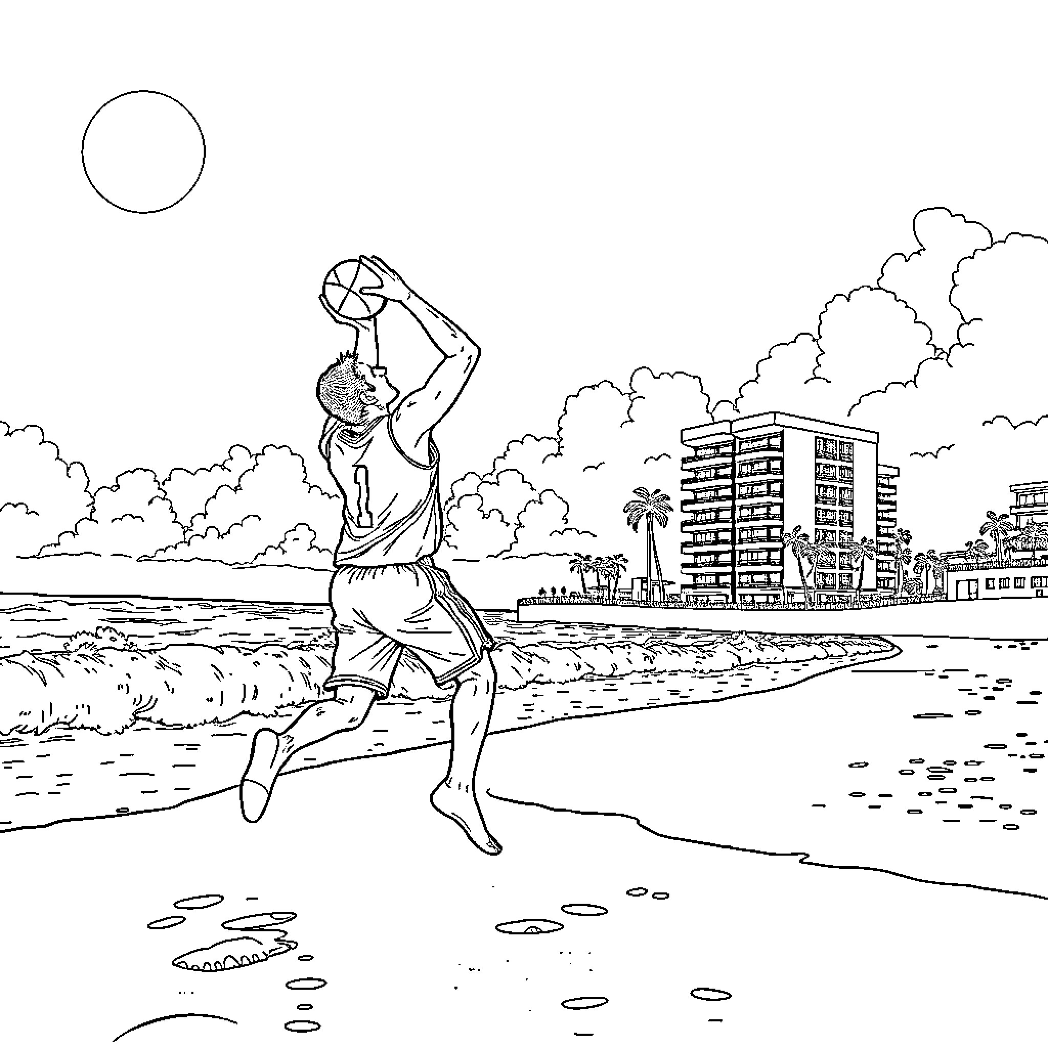 Basketballer jumping and shooting the ball on the beach Coloring Page (free black-and-white line drawing printable PDF for all, from beginners to advanced learners, including children, teens, adults, and seniors)