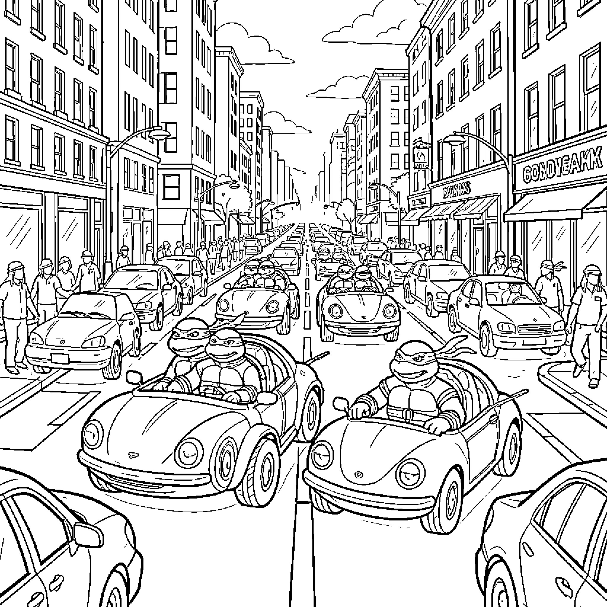 Turtle characters driving cars through a busy city street Coloring Page (free black-and-white line drawing printable PDF for all, from beginners to advanced learners, including children, teens, adults, and seniors)