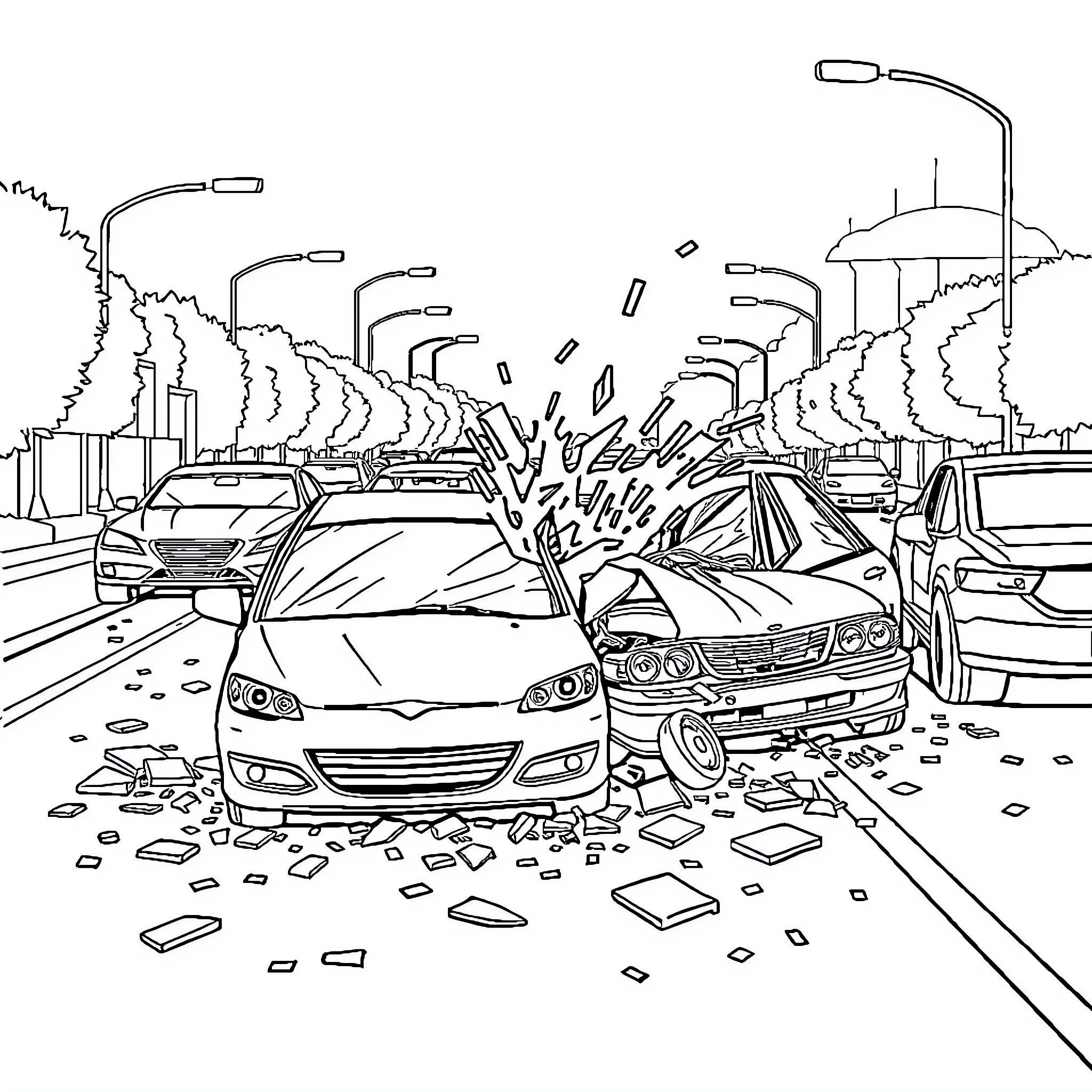 Car collision on a busy urban street Coloring Page (free black-and-white line drawing printable PDF for all, from beginners to advanced learners, including children, teens, adults, and seniors)