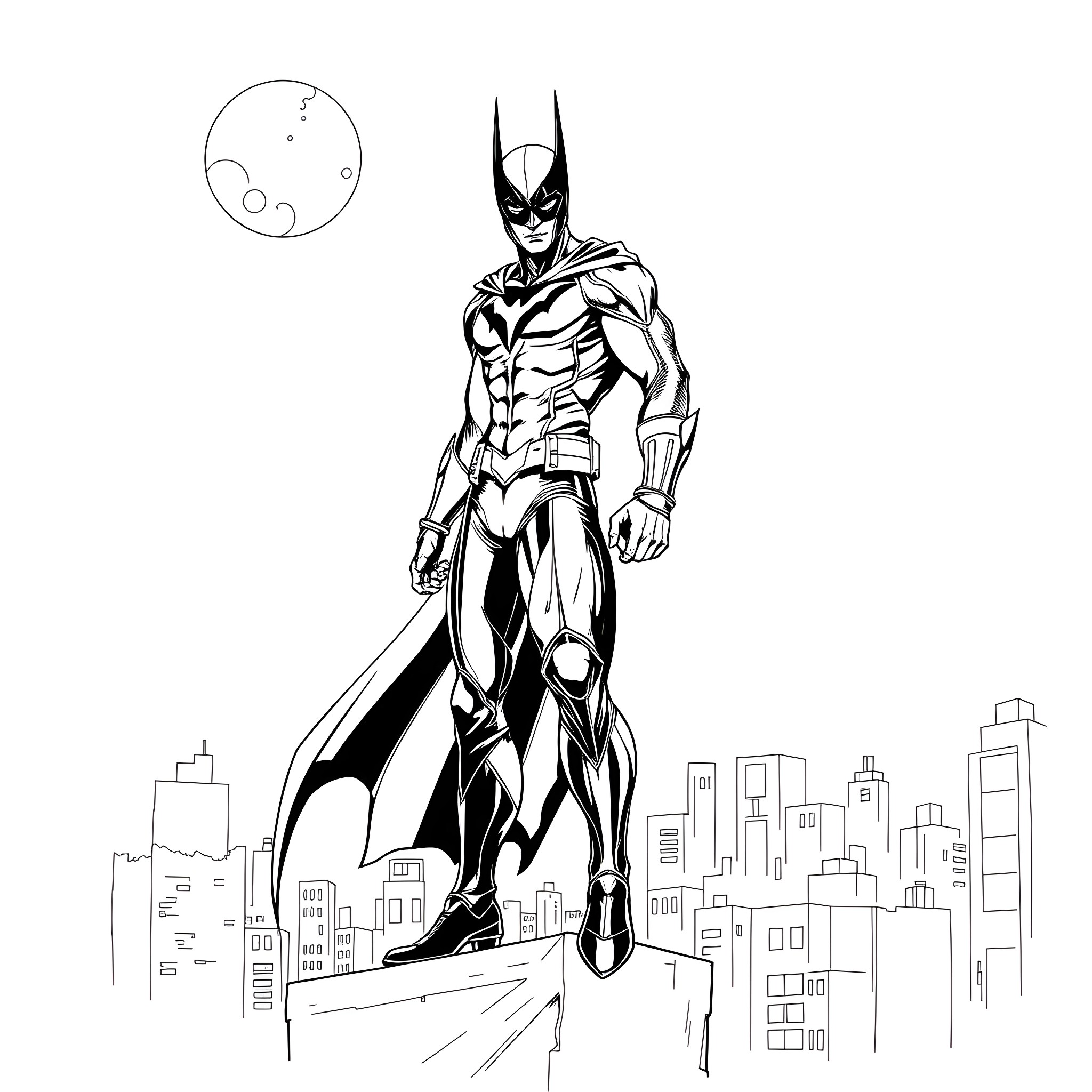 Moonwing Superhero Soaring Over the City Coloring Page (free black-and-white line drawing printable PDF for all, from beginners to advanced learners, including children, teens, adults, and seniors)
