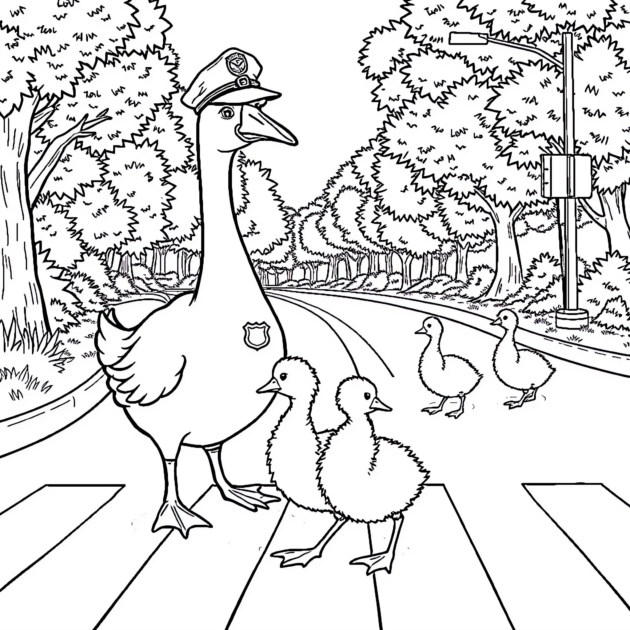 Goose family crossing the street in the park Coloring Page (free black-and-white line drawing printable PDF for all, from beginners to advanced learners, including children, teens, adults, and seniors)