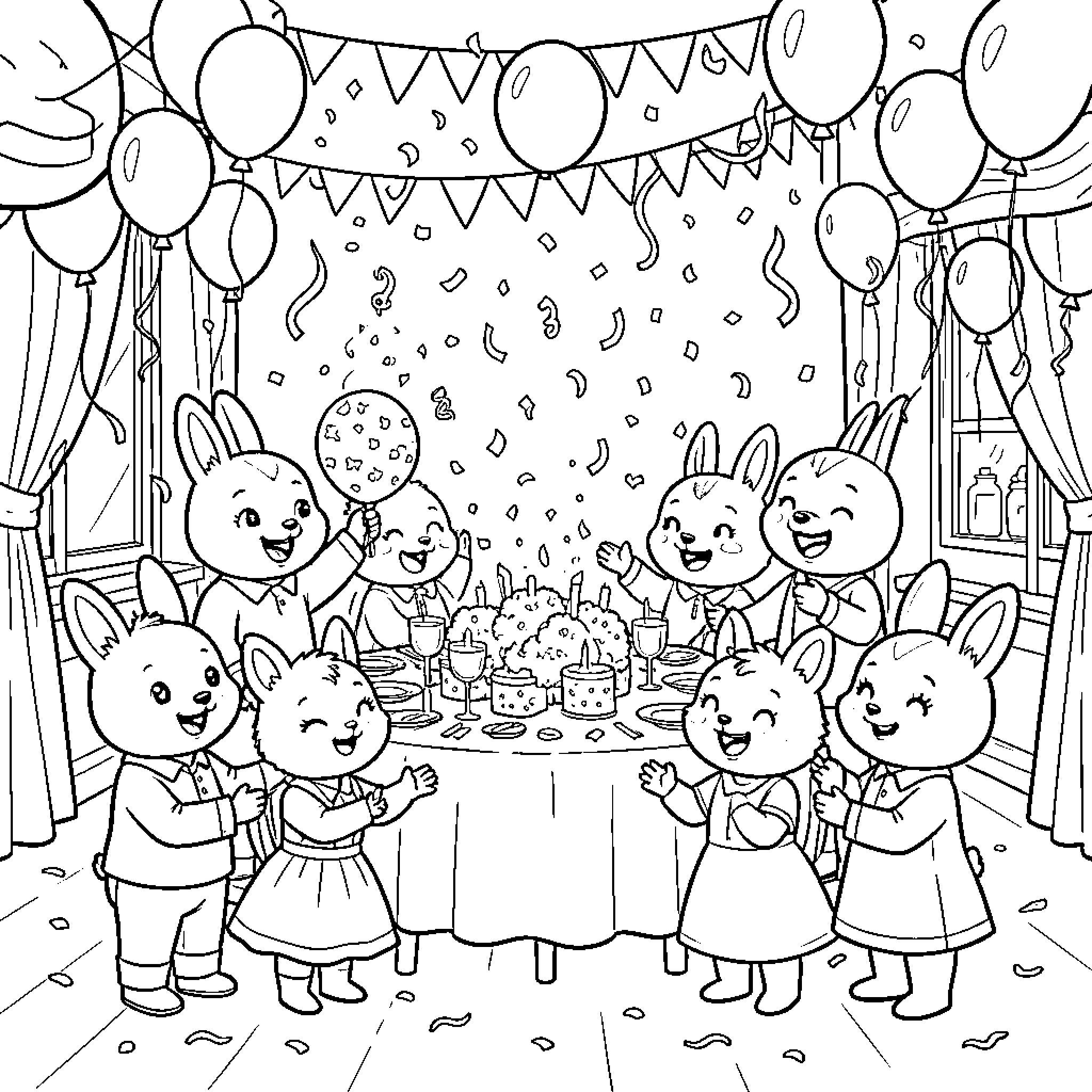 Labubu characters celebrating a festive birthday party together Coloring Page (free black-and-white line drawing printable PDF for all, from beginners to advanced learners, including children, teens, adults, and seniors)