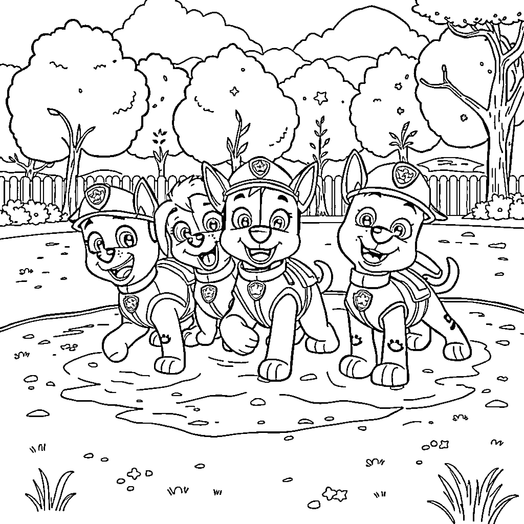 Paw Patrol characters in a playful forest scene Coloring Page (free black-and-white line drawing printable PDF for all, from beginners to advanced learners, including children, teens, adults, and seniors)
