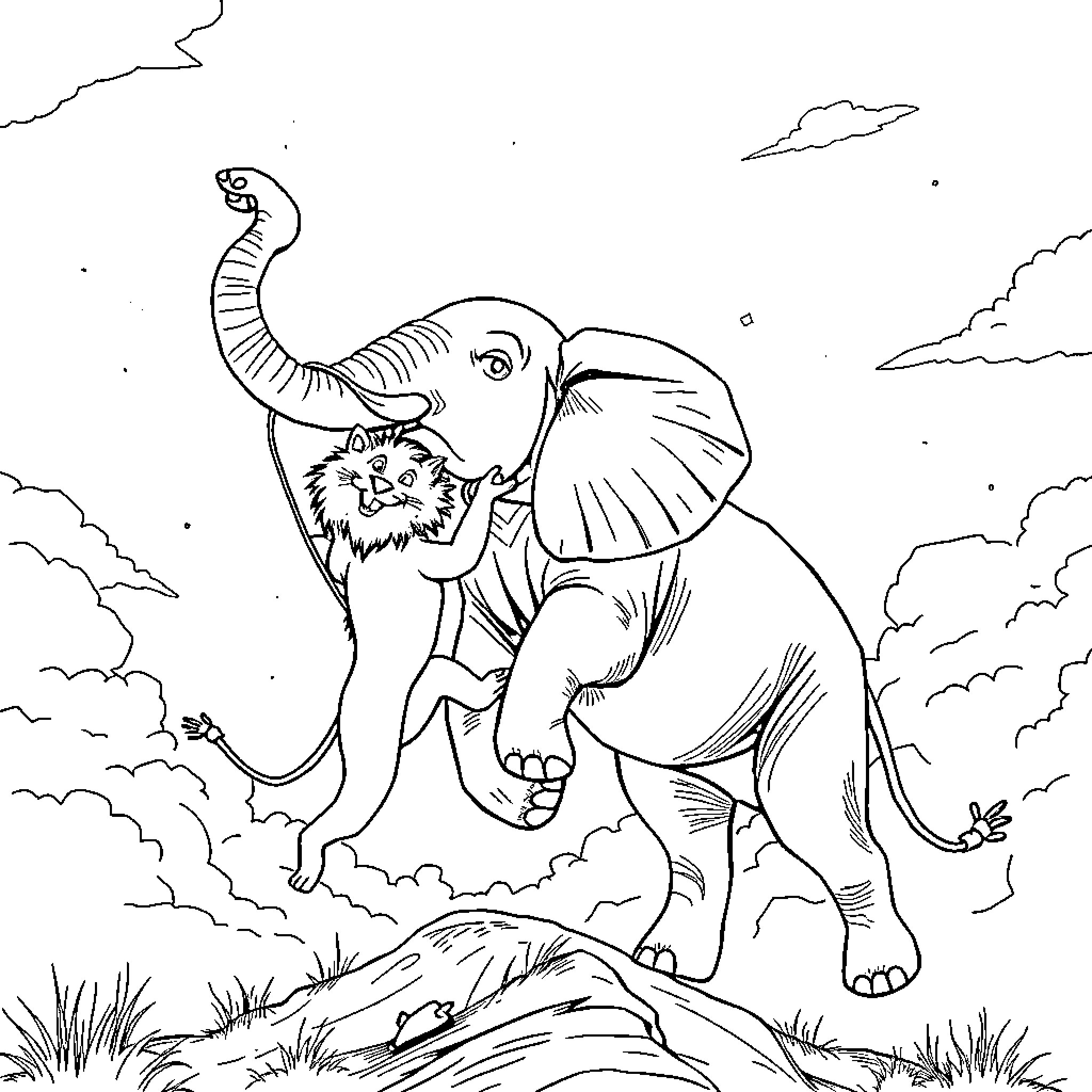 Lion carrying cub in nature landscape Coloring Page (free black-and-white line drawing printable PDF for all, from beginners to advanced learners, including children, teens, adults, and seniors)