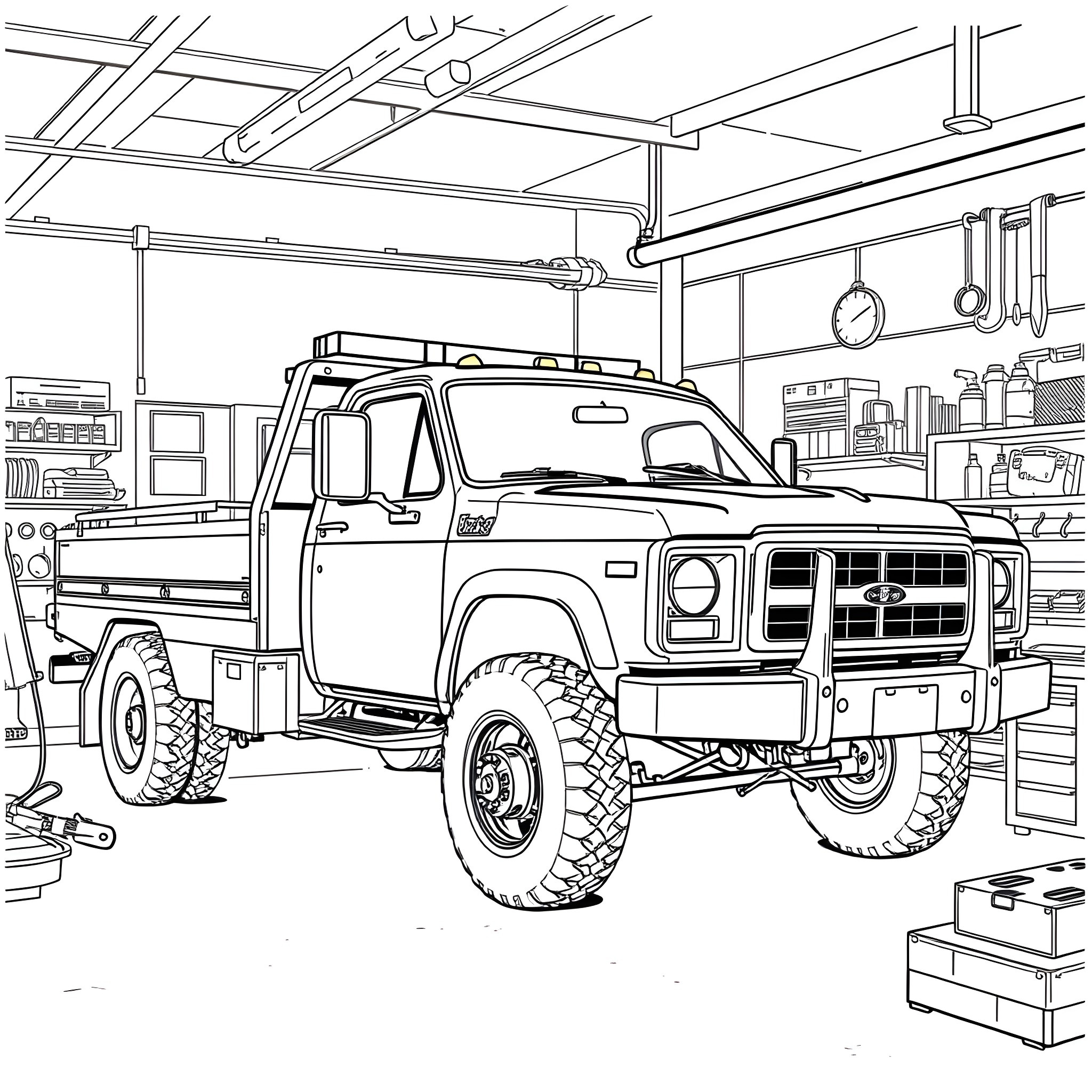 Wrecker truck in a repair garage Coloring Page (free black-and-white line drawing printable PDF for all, from beginners to advanced learners, including children, teens, adults, and seniors)