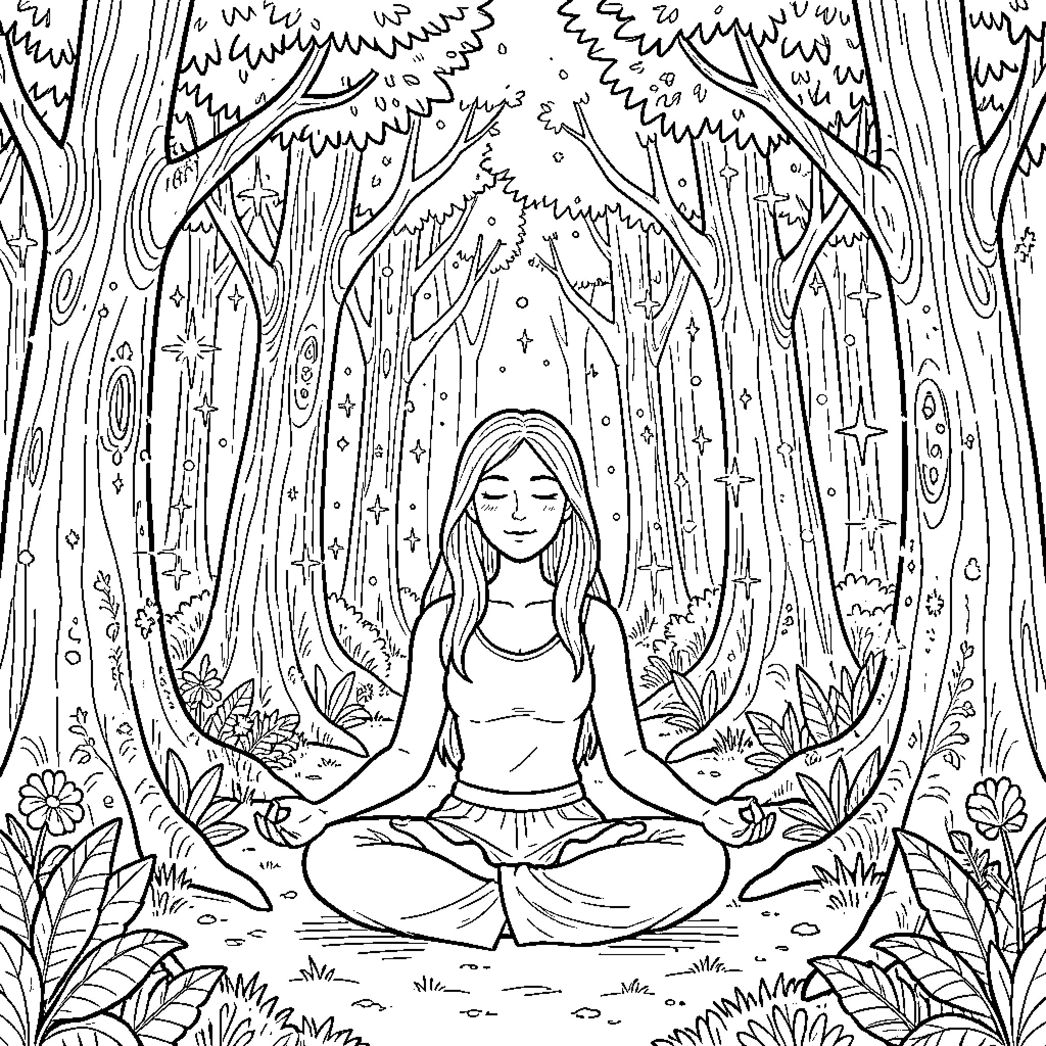 Woman meditating peacefully in enchanted forest Coloring Page (free black-and-white line drawing printable PDF for all, from beginners to advanced learners, including children, teens, adults, and seniors)