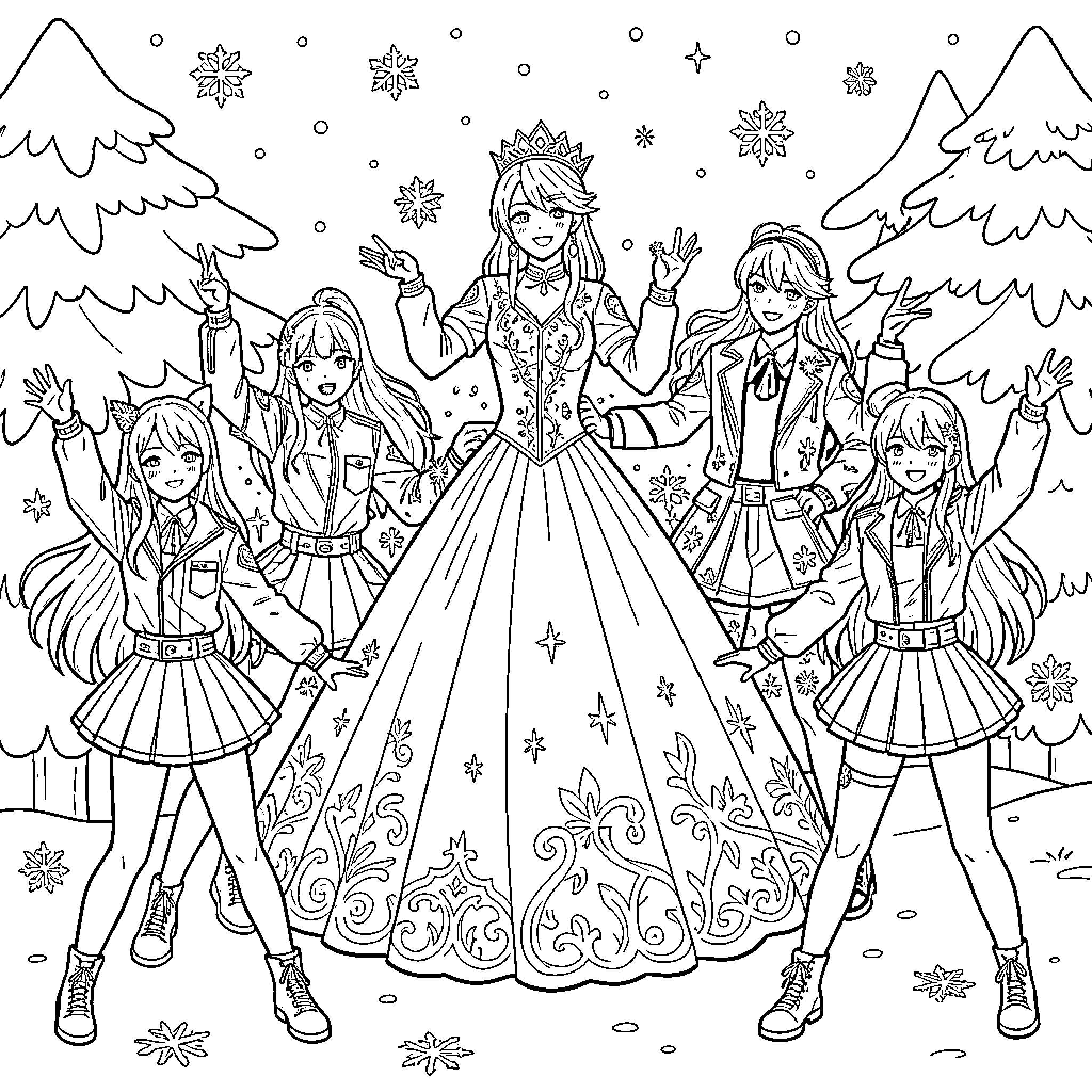 Queen and her followers posing in a snowy forest Coloring Page (free black-and-white line drawing printable PDF for all, from beginners to advanced learners, including children, teens, adults, and seniors)