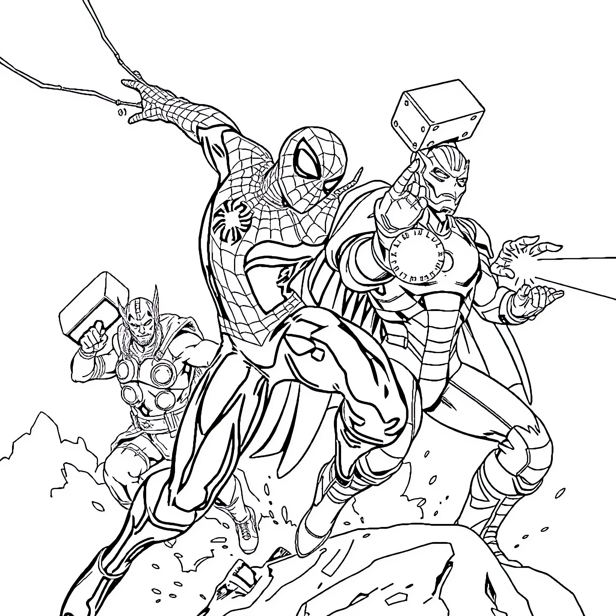 Spiderman battling supervillains in heroic action Coloring Page (free black-and-white line drawing printable PDF for all, from beginners to advanced learners, including children, teens, adults, and seniors)