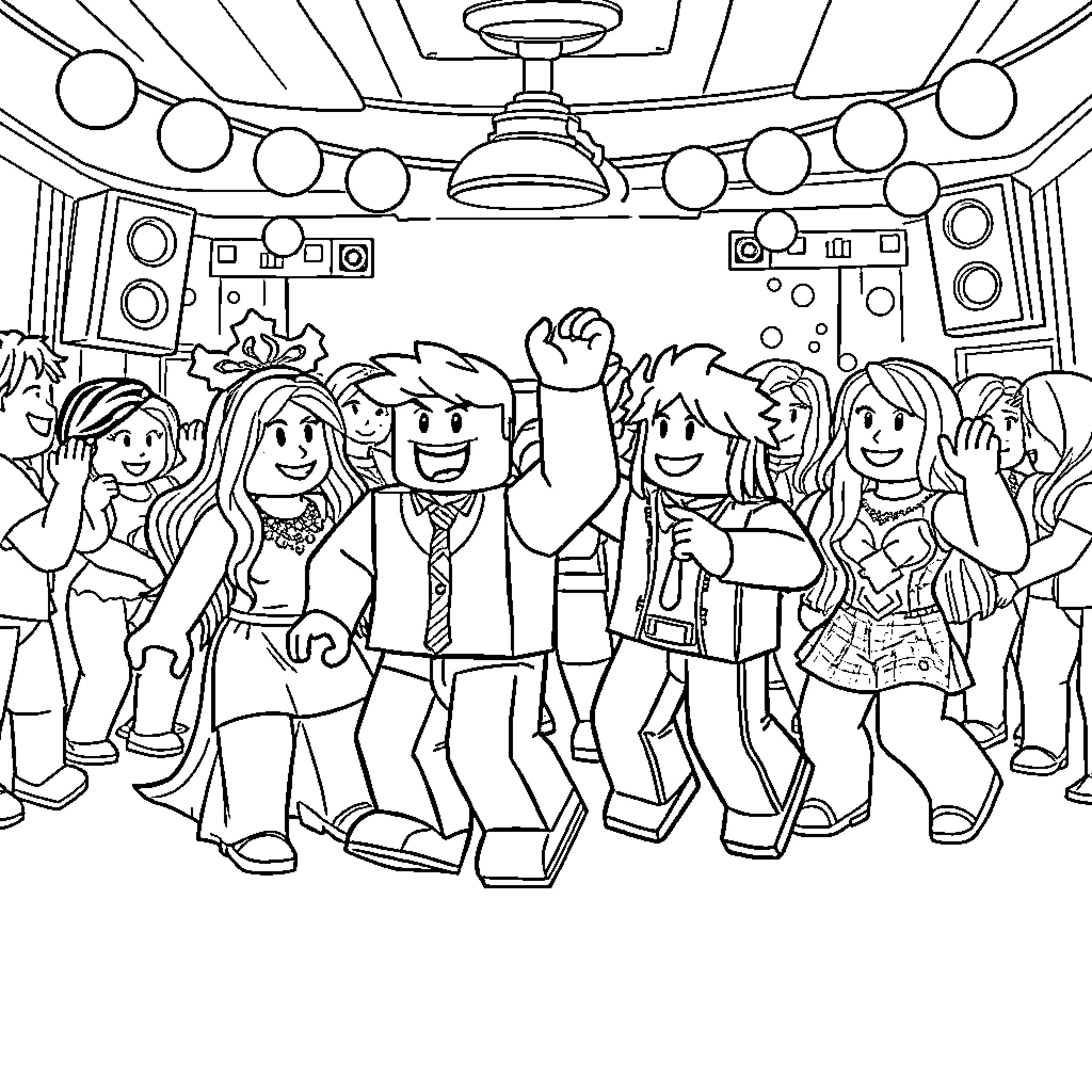 Roblox Characters Celebrating and Dancing at a Party Coloring Page (free black-and-white line drawing printable PDF for all, from beginners to advanced learners, including children, teens, adults, and seniors)