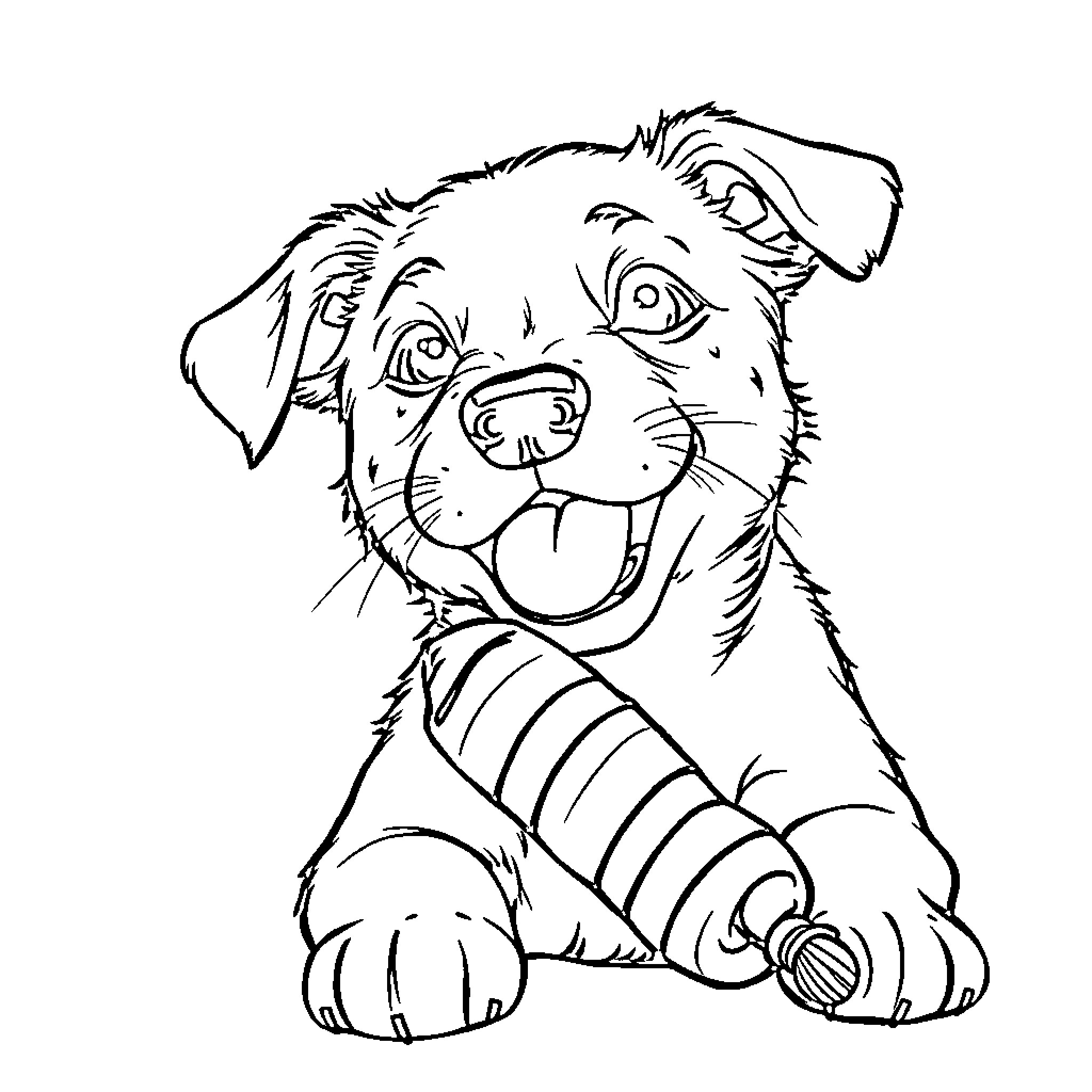 Dog chewing on toy happily Coloring Page (free black-and-white line drawing printable PDF for all, from beginners to advanced learners, including children, teens, adults, and seniors)
