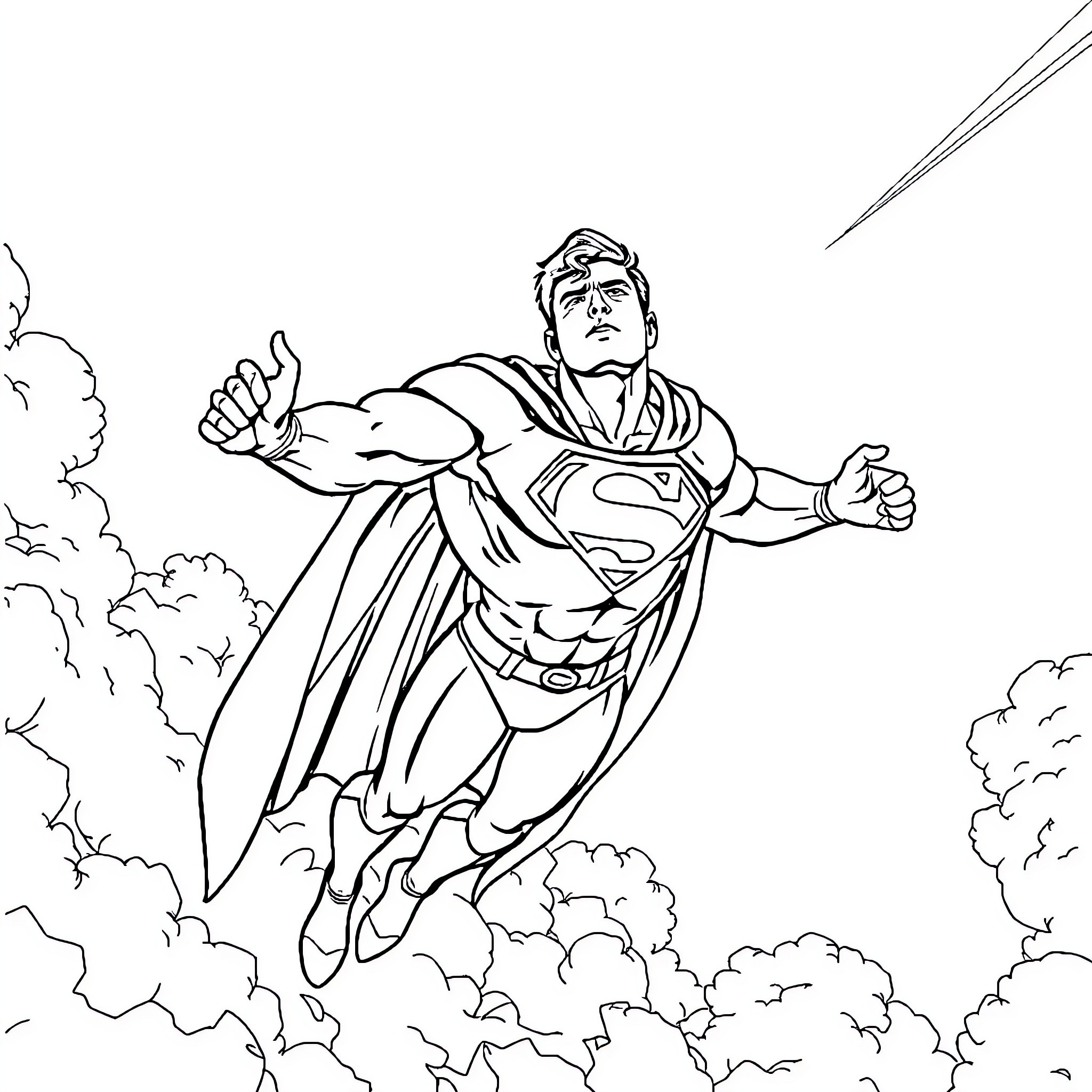 Superman soaring through the sky with determination Coloring Page (free black-and-white line drawing printable PDF for all, from beginners to advanced learners, including children, teens, adults, and seniors)
