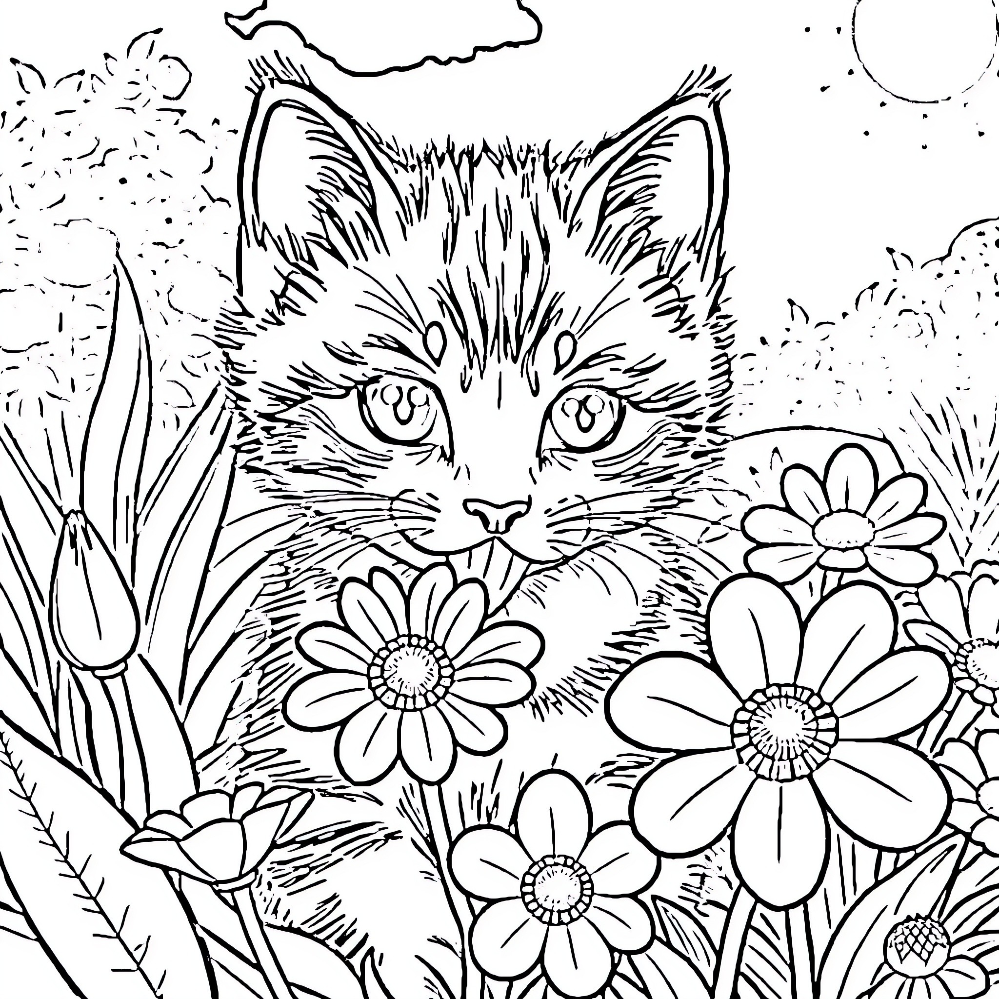 Kitten peeking through vibrant flowers Coloring Page (free black-and-white line drawing printable PDF for all, from beginners to advanced learners, including children, teens, adults, and seniors)