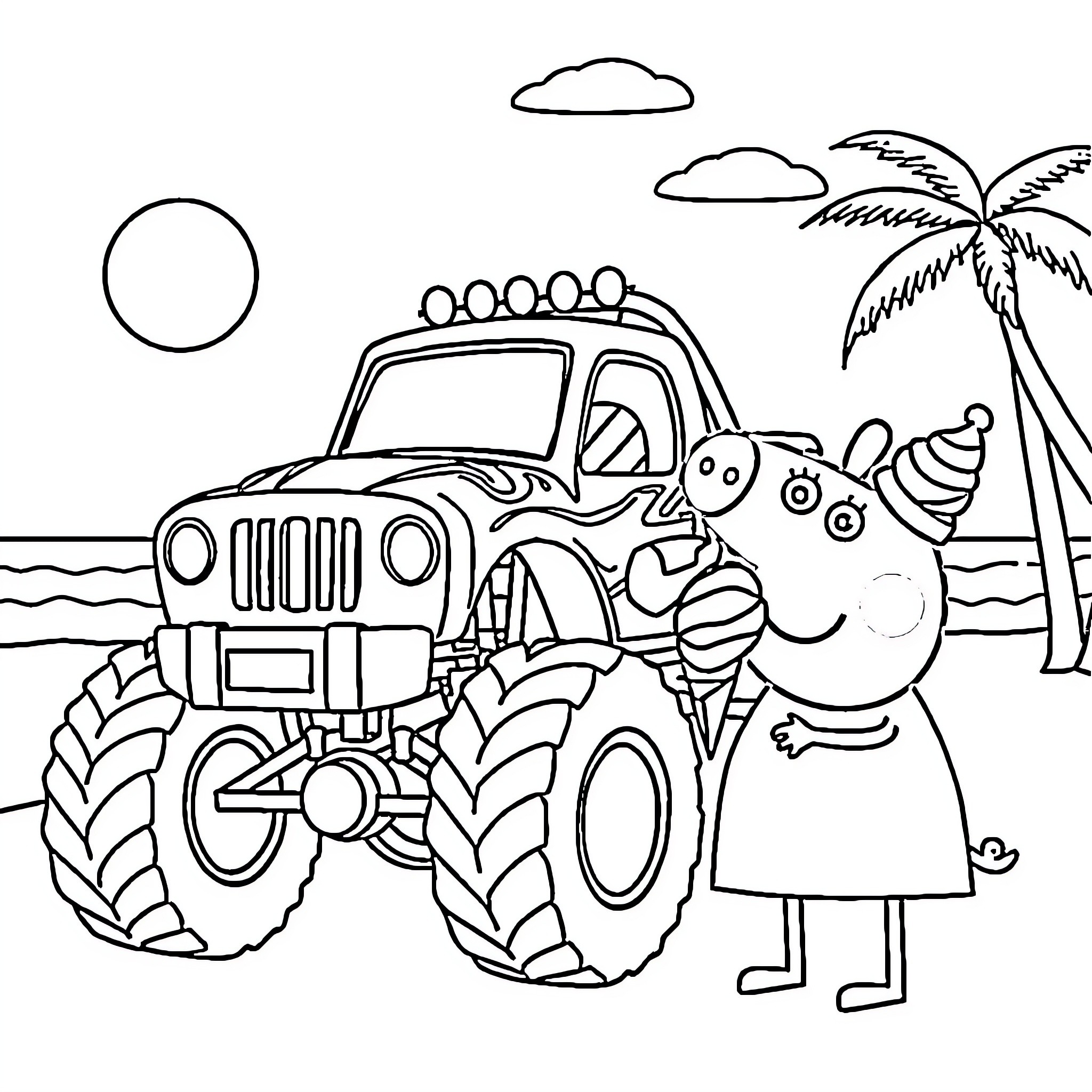 Monster Truck Driving on the Beach with Pig Coloring Page (free black-and-white line drawing printable PDF for all, from beginners to advanced learners, including children, teens, adults, and seniors)