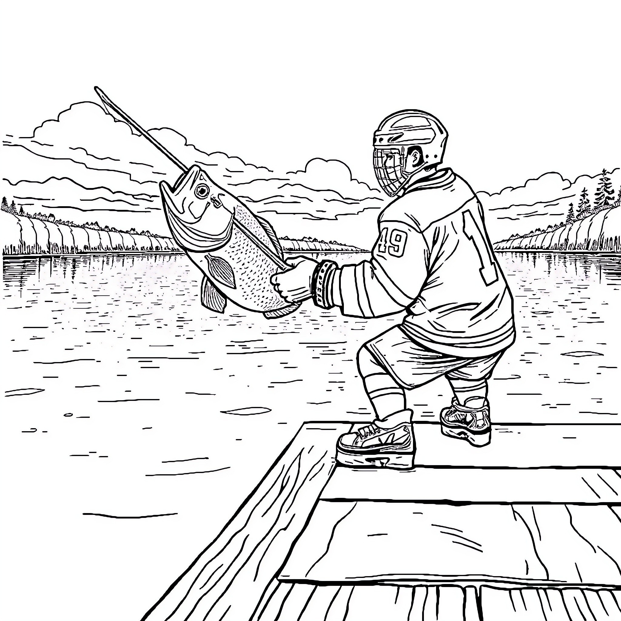 Hockey Player Reeling in a Caught Fish Coloring Page (free black-and-white line drawing printable PDF for all, from beginners to advanced learners, including children, teens, adults, and seniors)