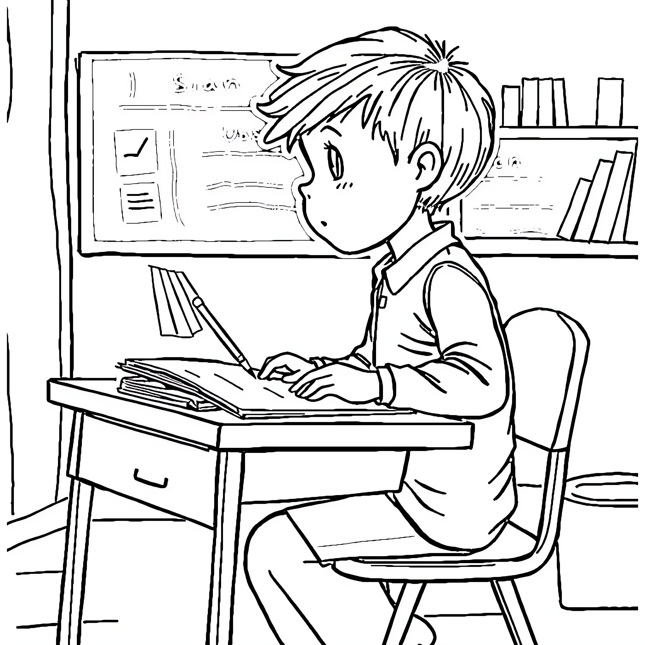 Child studying diligently at desk in classroom Coloring Page (free black-and-white line drawing printable PDF for all, from beginners to advanced learners, including children, teens, adults, and seniors)
