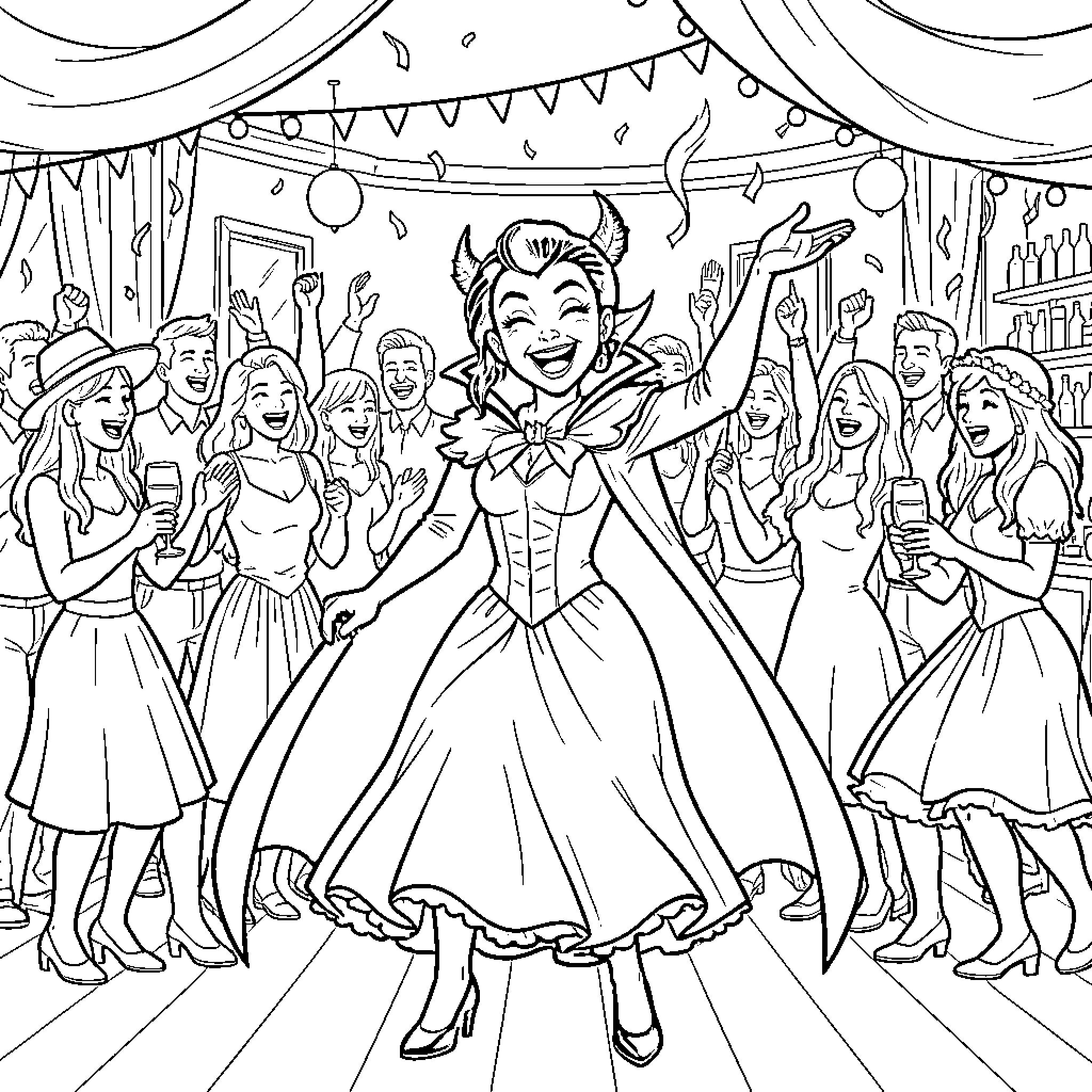Mavis Dracula dancing joyfully at a festive party Coloring Page (free black-and-white line drawing printable PDF for all, from beginners to advanced learners, including children, teens, adults, and seniors)
