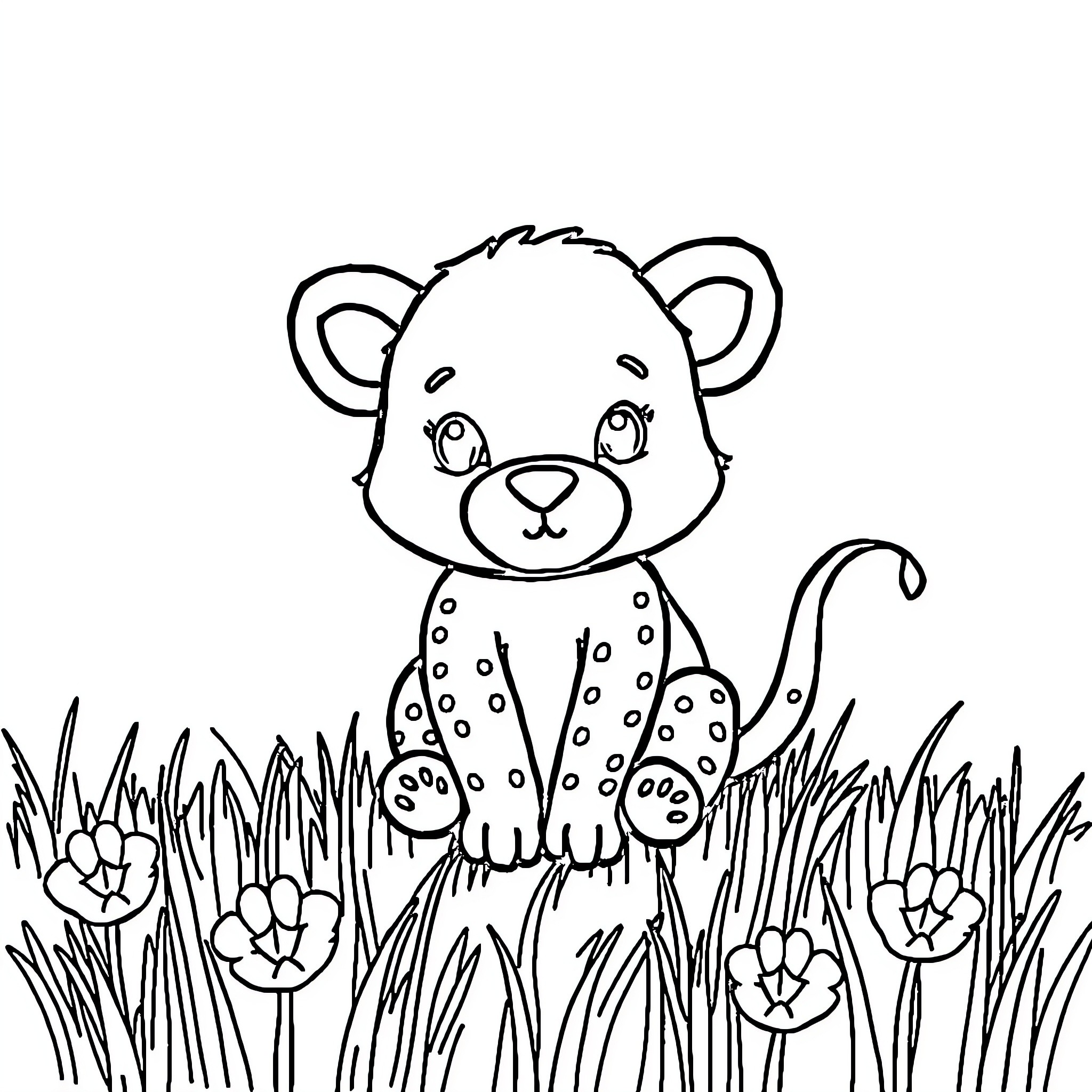 Animal cub surrounded by flowers in field Coloring Page (free black-and-white line drawing printable PDF for all, from beginners to advanced learners, including children, teens, adults, and seniors)