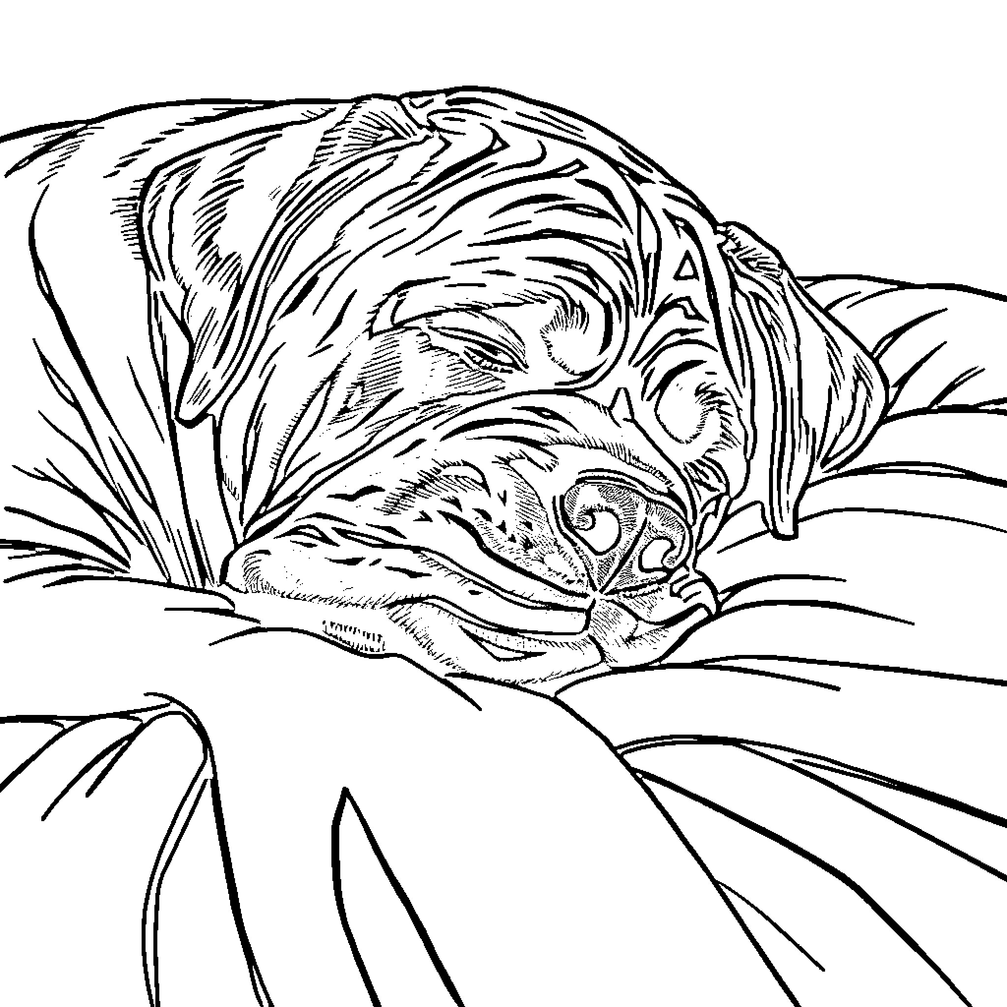 Mastiff relaxing peacefully in the wilderness Coloring Page (free black-and-white line drawing printable PDF for all, from beginners to advanced learners, including children, teens, adults, and seniors)