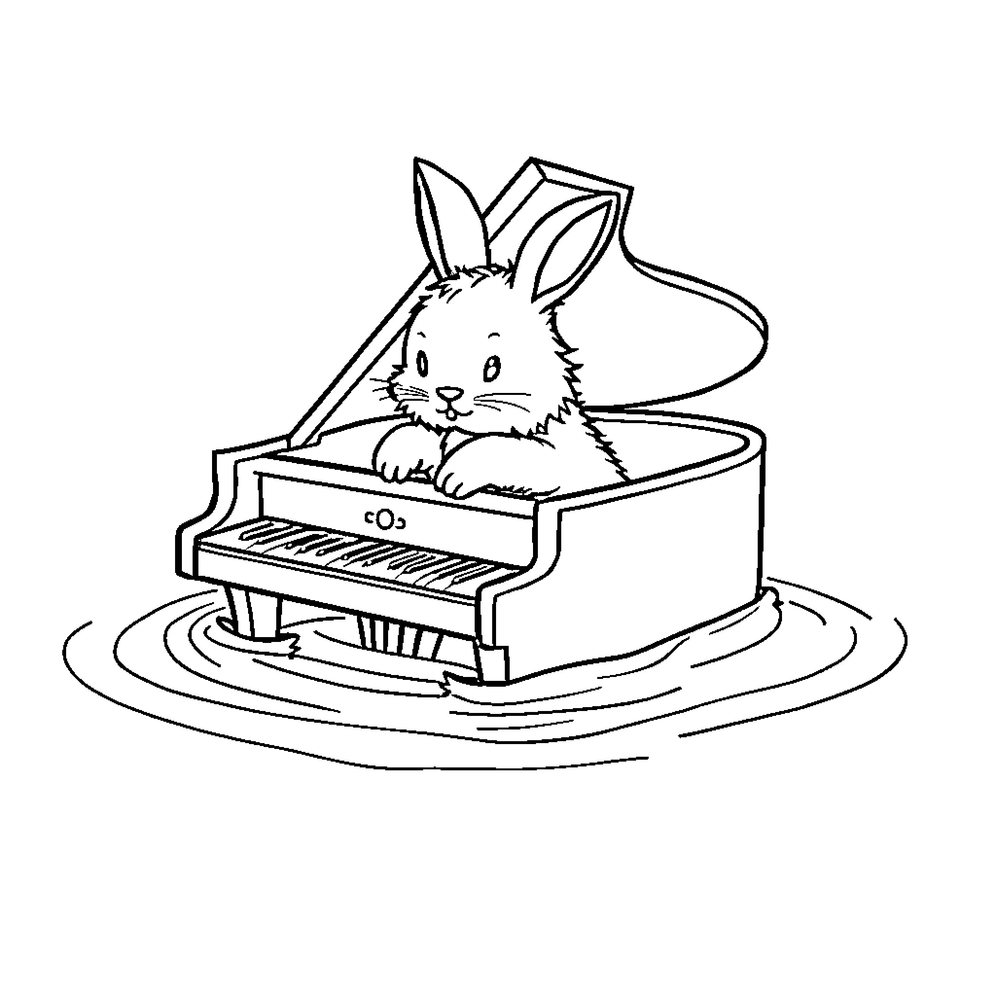 Rabbit playing piano in water Coloring Page (free black-and-white line drawing printable PDF for all, from beginners to advanced learners, including children, teens, adults, and seniors)