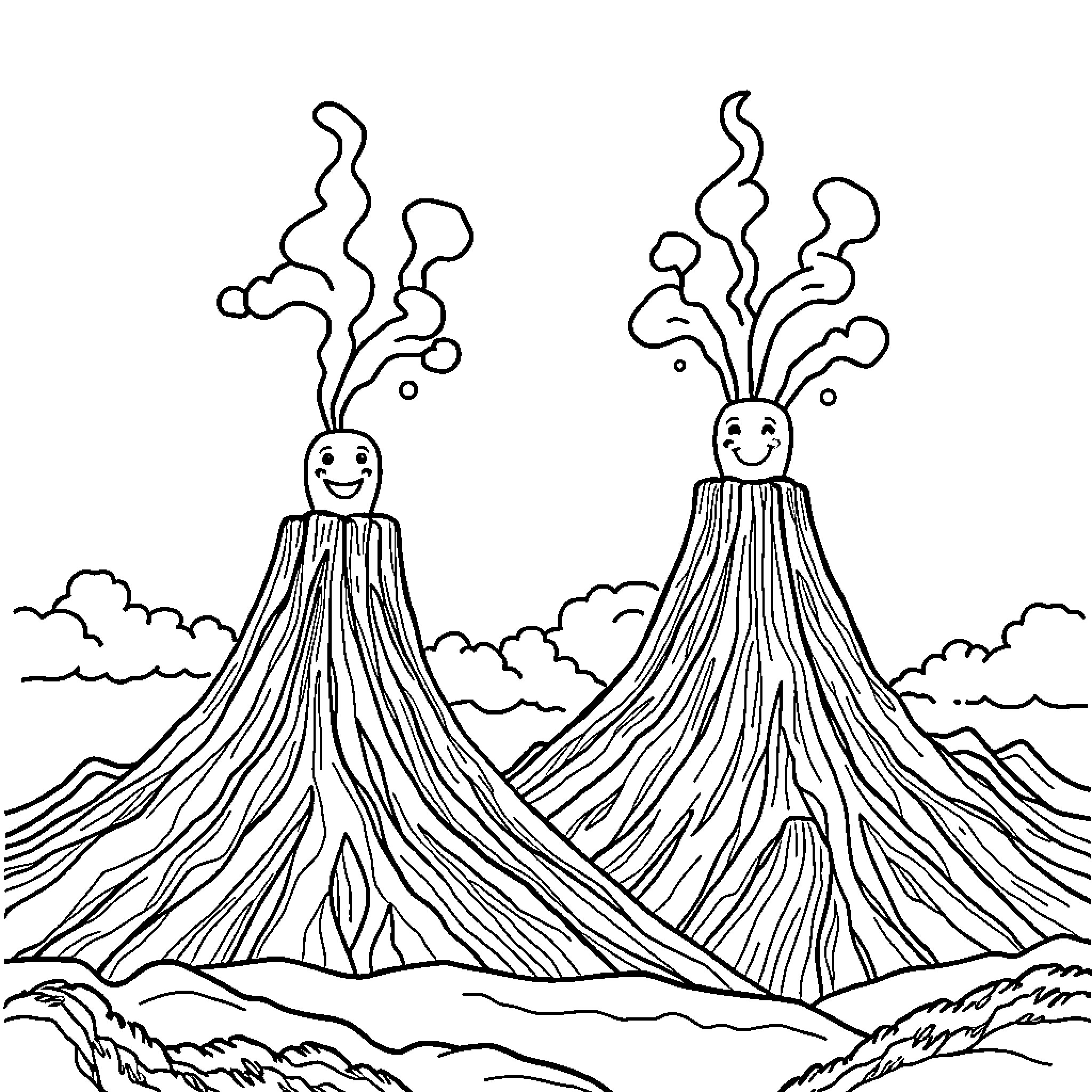 Volcano erupting with happy expressions Coloring Page (free black-and-white line drawing printable PDF for all, from beginners to advanced learners, including children, teens, adults, and seniors)