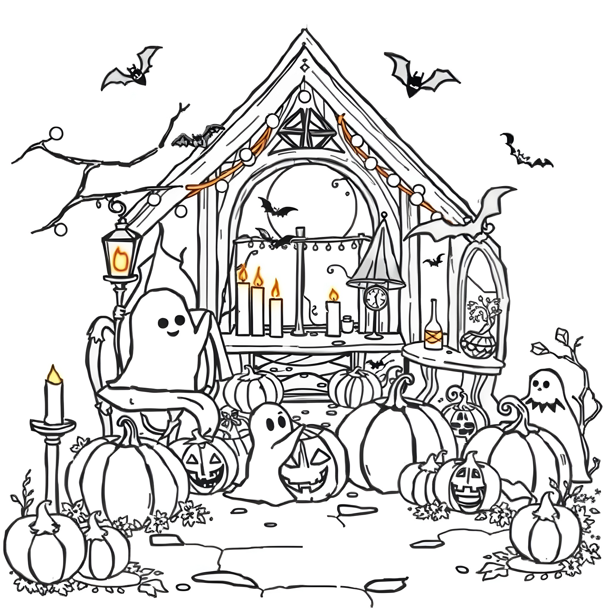 Hygge Halloween celebration with festive decor and characters Coloring Page (free black-and-white line drawing printable PDF for all, from beginners to advanced learners, including children, teens, adults, and seniors)