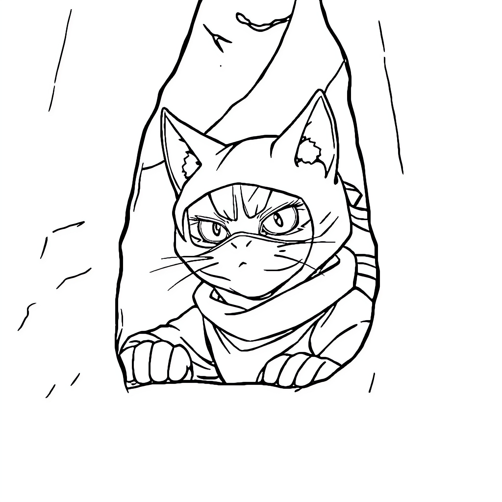 Ninja Cat on a Stealth Mission Coloring Page (free black-and-white line drawing printable PDF for all, from beginners to advanced learners, including children, teens, adults, and seniors)